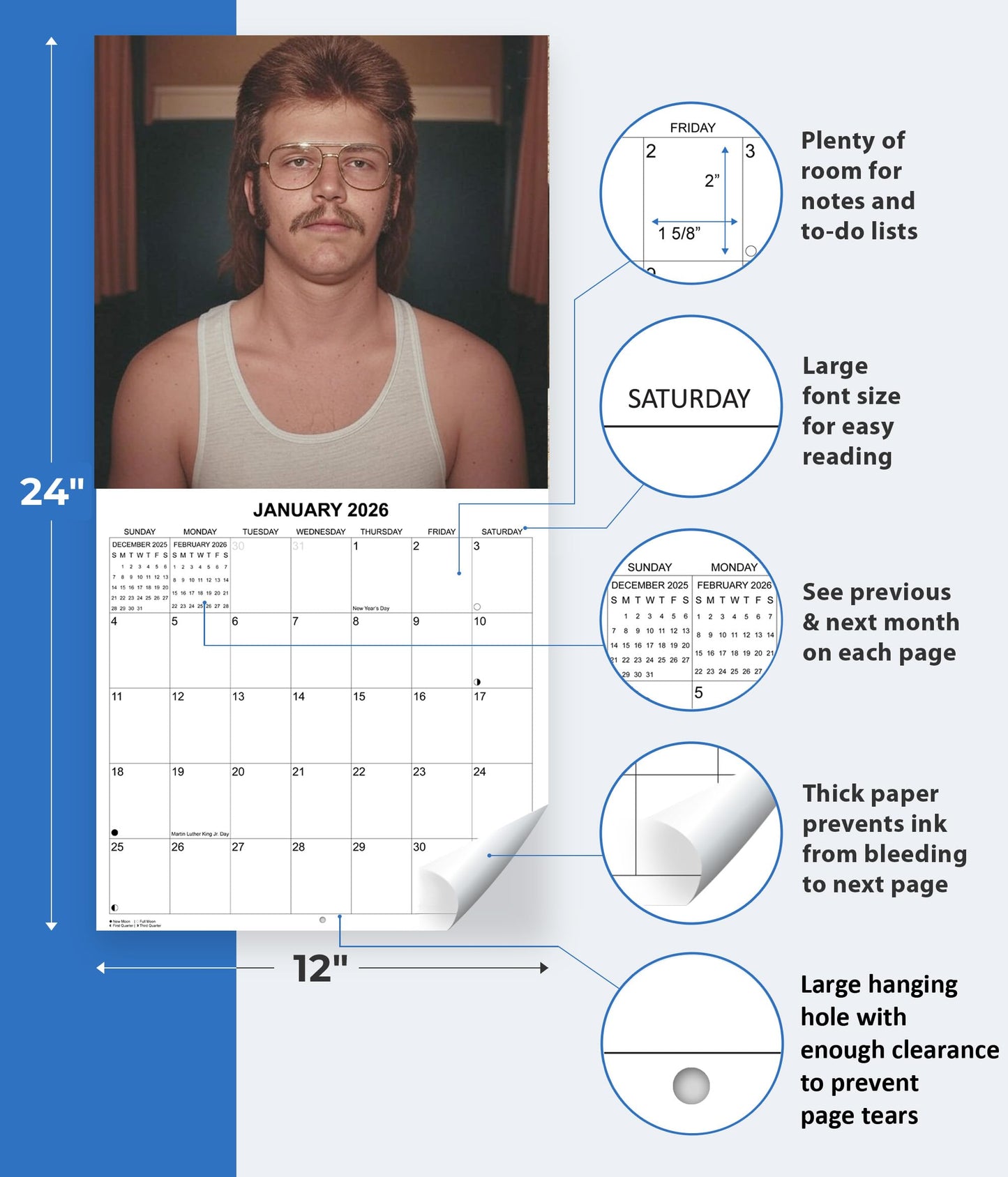 2026 Mullets Monthly Wall Calendar | 12" x 24" | White Elephant or Gag Gift Funny Calendar 2025-2026