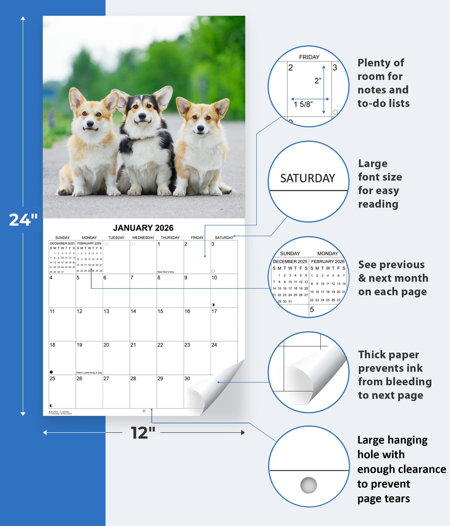 2026 Corgis Monthly Wall Calendar | 12" x 24" | Dog Calendar September 2025 - December 2026