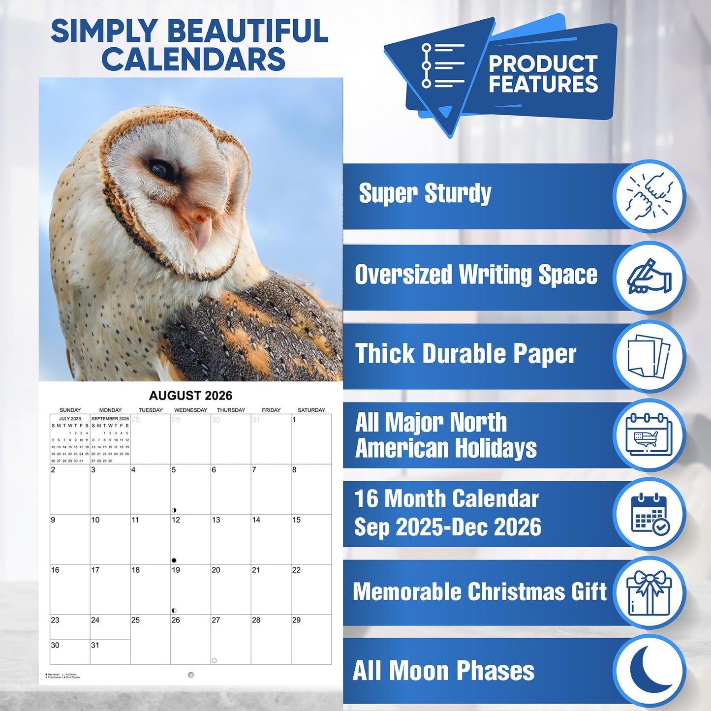 2026 Owls Monthly Wall Calendar | 12" x 24" | Animals Calendar 2025-2026