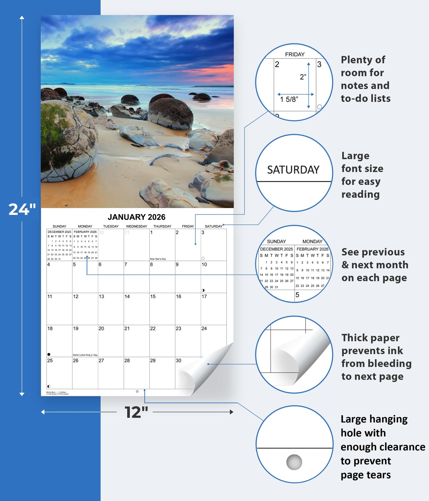2026 Beaches Monthly Wall Calendar | 12" x 24" | Travel Calendar 2025-2026