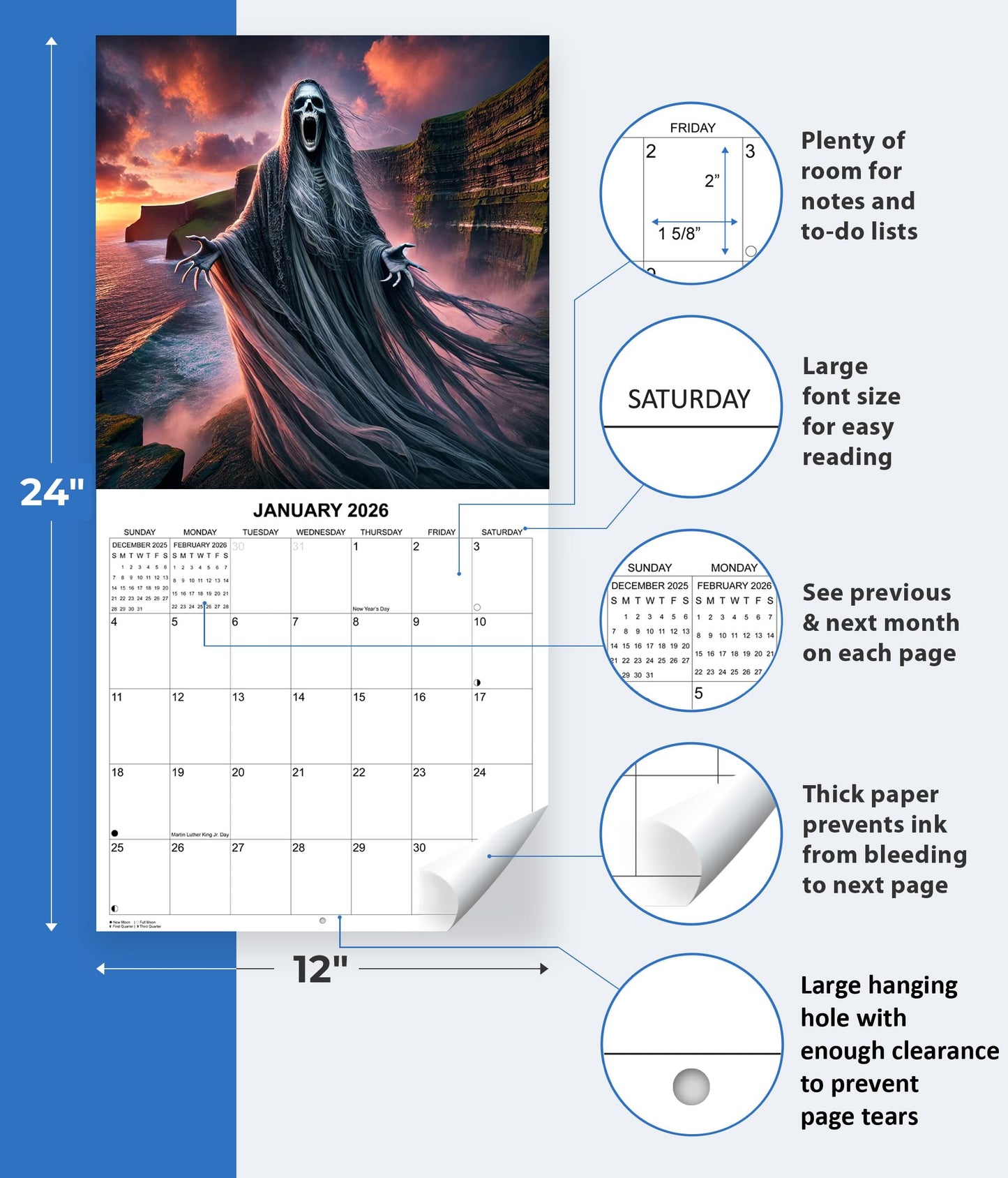 2026 Cryptids Monthly Wall Calendar - Illustrations of Bigfoot, Loch Ness Monster and Other Cryptids | 12" x 24" | Cryptozoology Calendar 2025-2026