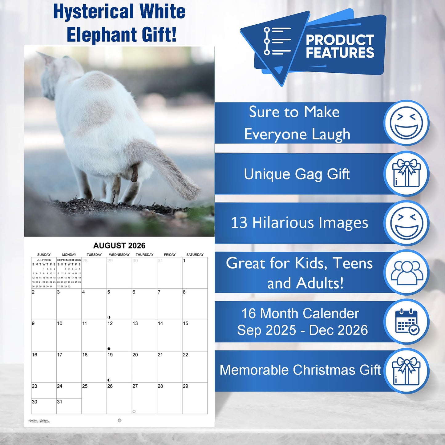 2026 Fecal Felines Monthly Wall Calendar | 12" x 24" | Prank Gift White Elephant or Gag Gift Pooping Cats Calendar