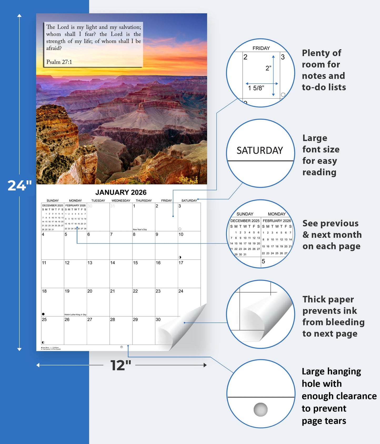 2026 Fear Not Bible Verses Monthly Wall Calendar | 12" x 24" | Religious Calendar 2025-2026