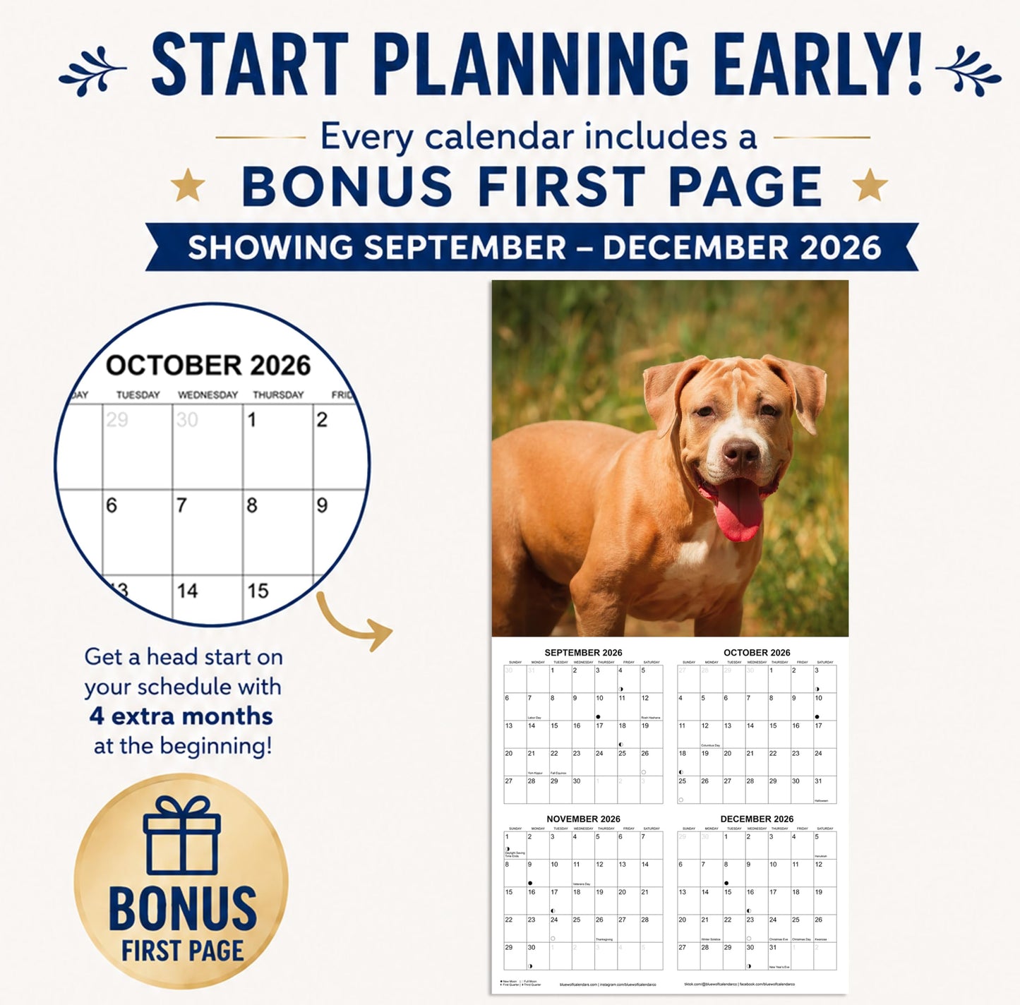 2027 Pit Bulls Monthly Wall Calendar | Pitbull Dog Calendar September 2026 - December 2027