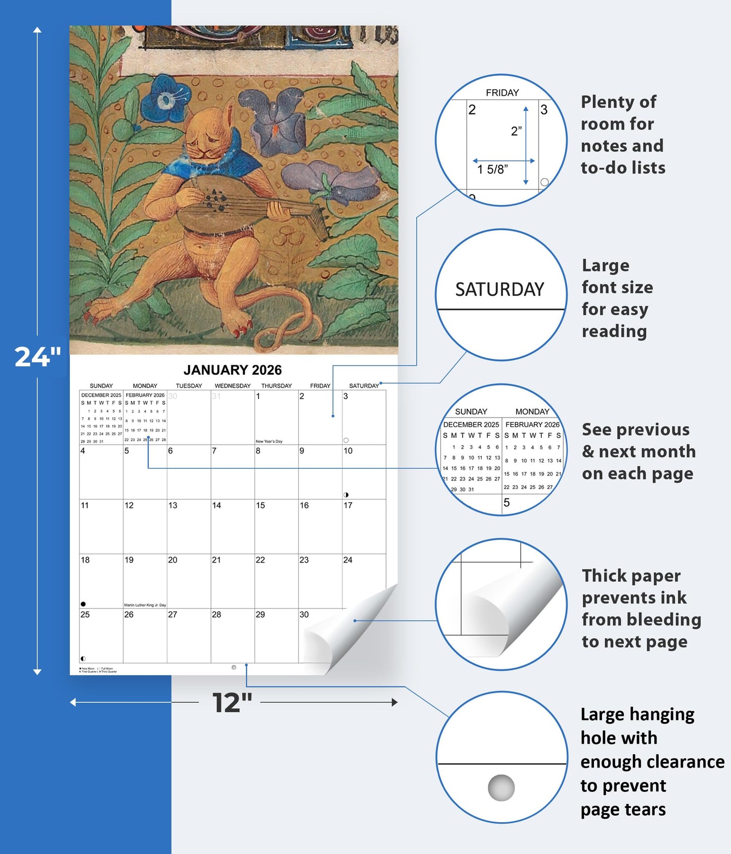 2026 History's Oddest Cat Art Monthly Wall Calendar - Ugly Cat Paintings through the Ages | 12" x 24" | White Elephant or Gag Gift Funny Calendar 2025-2026