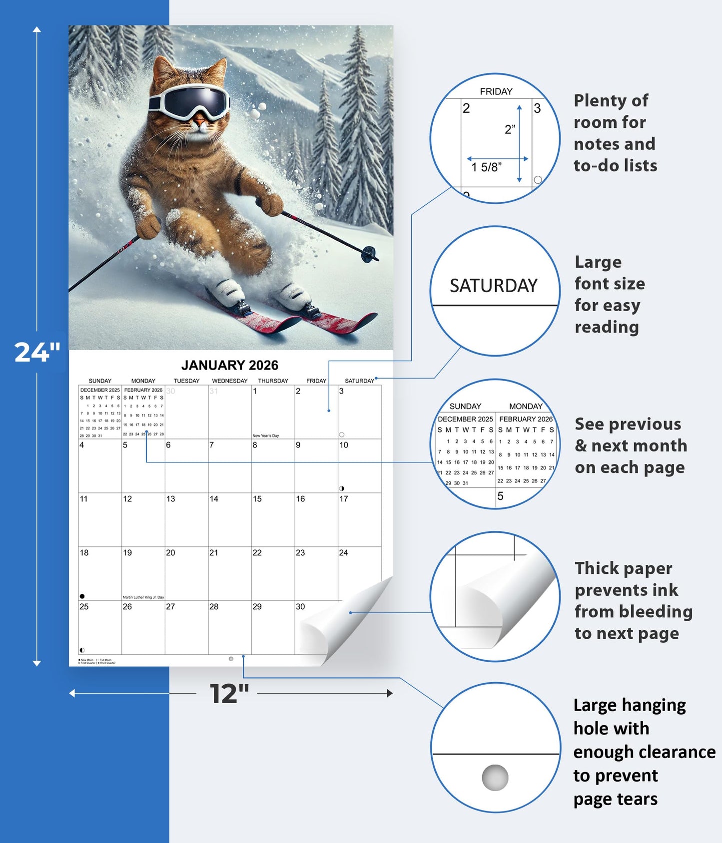 2026 Cats: Extreme Sports Edition Monthly Wall Calendar - Funny Cats doing Extreme Sports | 12" x 24" | Funny Cats Calendar 2025-2026