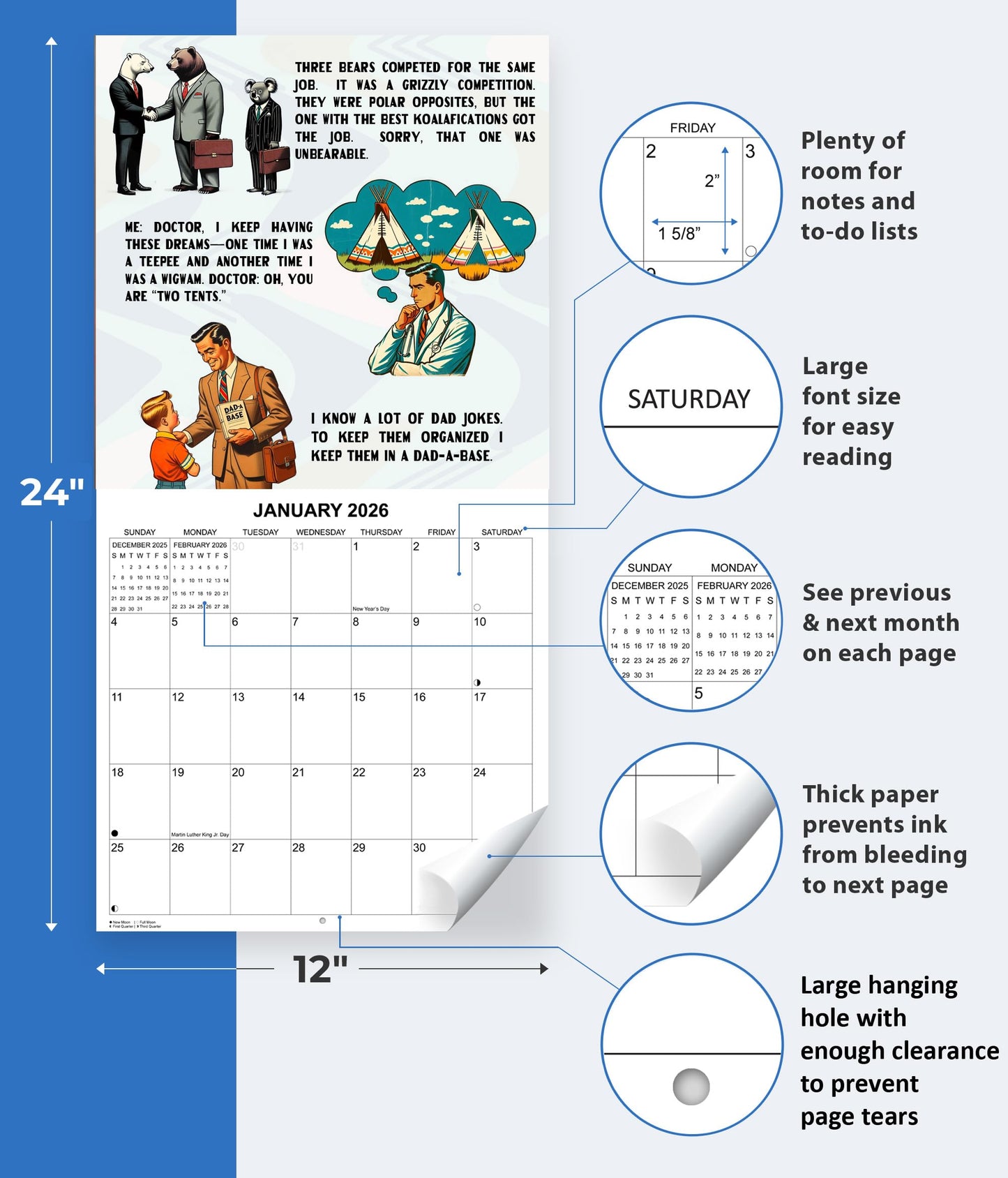 2026 Dad Jokes Monthly Wall Calendar | 12" x 24" | White Elephant or Gag Gift Funny Calendar 2025-2026