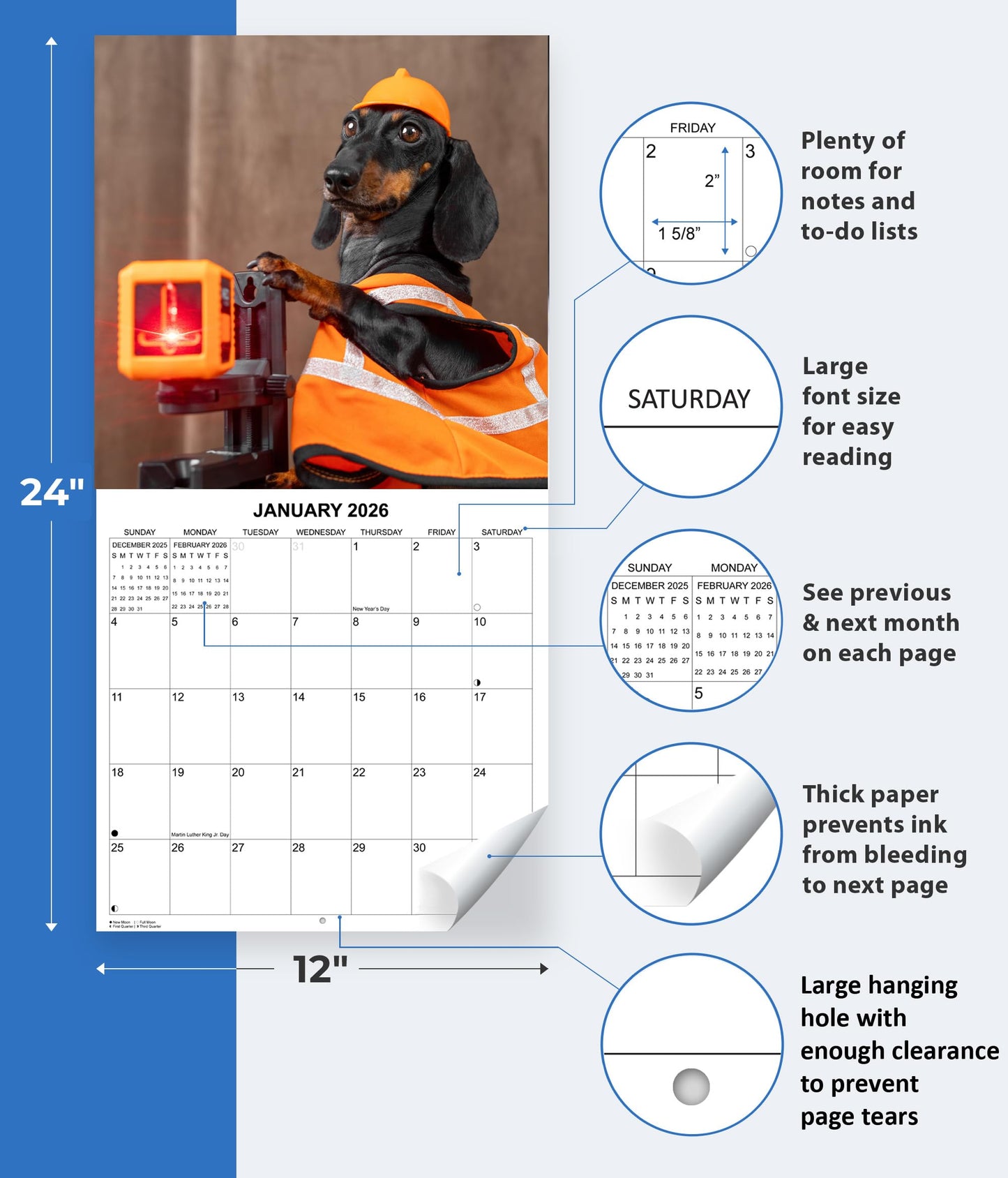 2026 Dachshunds at Work Monthly Wall Calendar | 12" x 24" | Funny Wiener Dog Calendar September 2025- December 2026