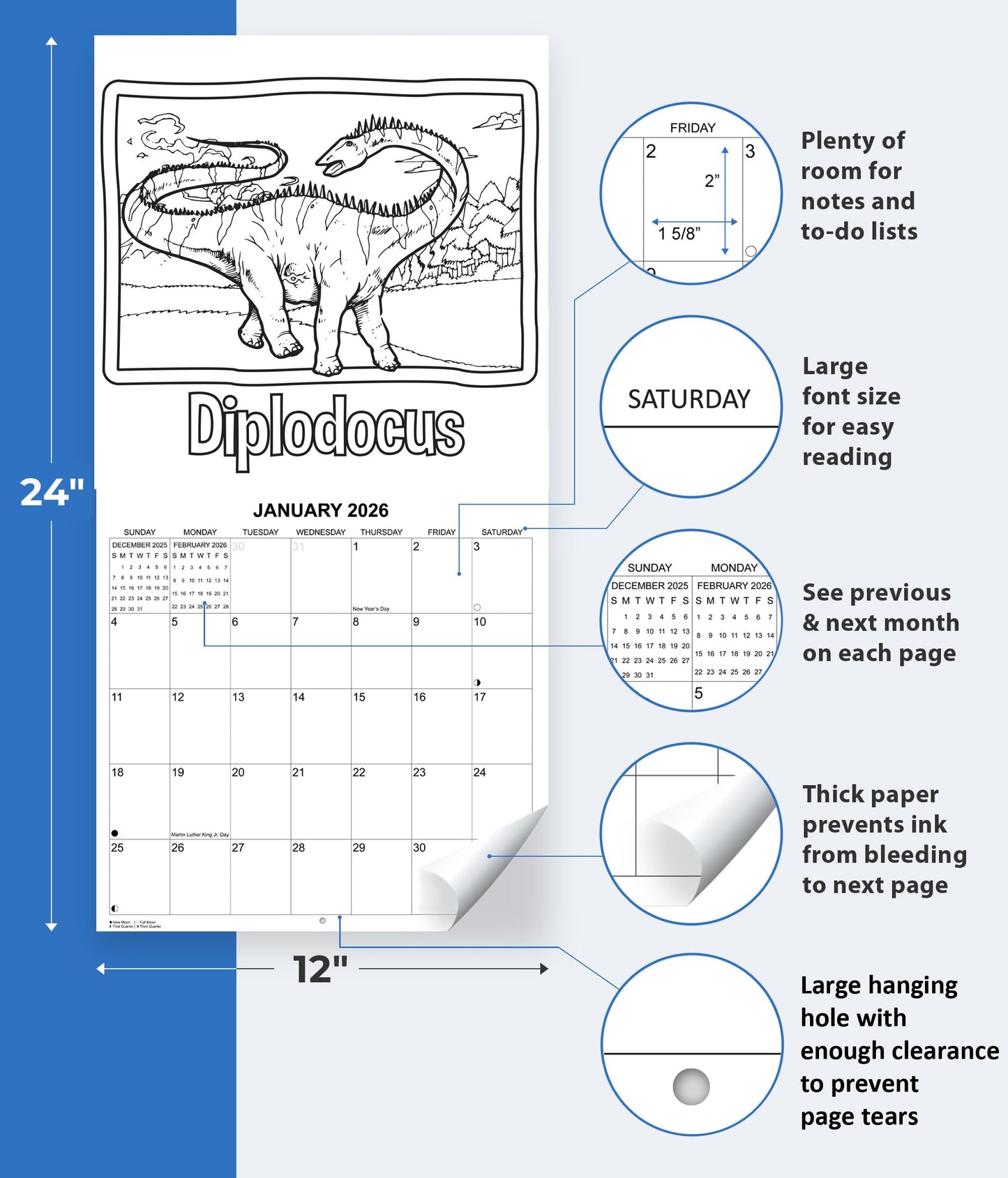 2026 Dinosaur Coloring Calendar Monthly Wall Calendar for Kids | 12" x 24" | Coloring Pages with a New Dinosaur Each Month Coloring Wall Calendar 2025-2026
