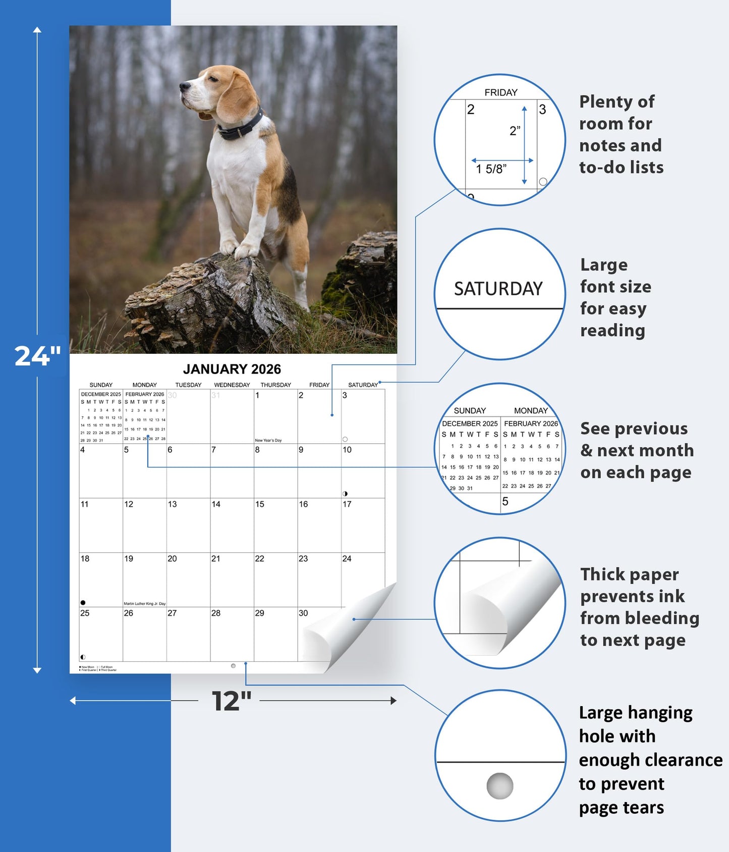 2026 Beagles Monthly Wall Calendar | 12" x 24" | Dogs Calendar September 2025- December 2026