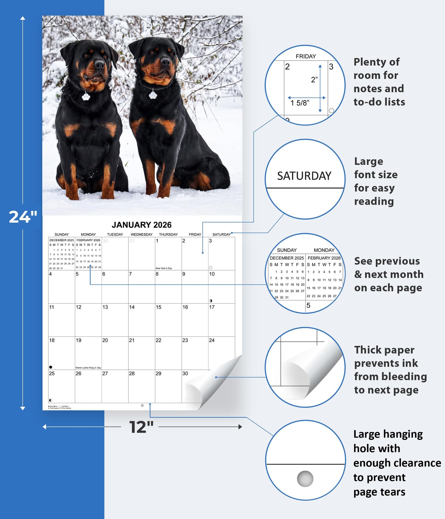 2026 Rottweilers Monthly Wall Calendar | 12" x 24" | Dog Calendar September 2025 - December 2026