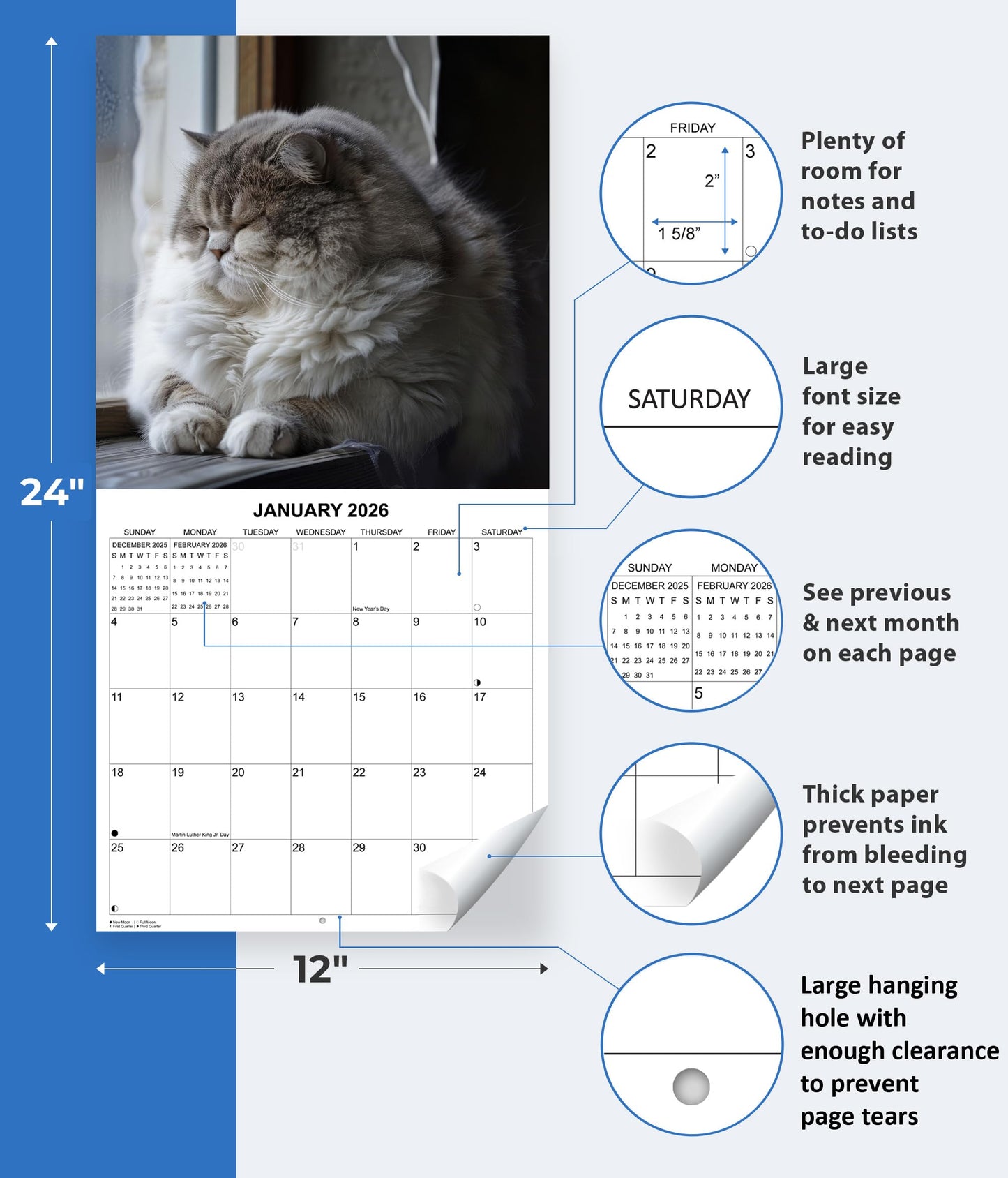 2026 Fat Cats Monthly Wall Calendar | 12" x 24" | Funny Cats Gag Gift or White Elephant Gift Calendar 2025-2026