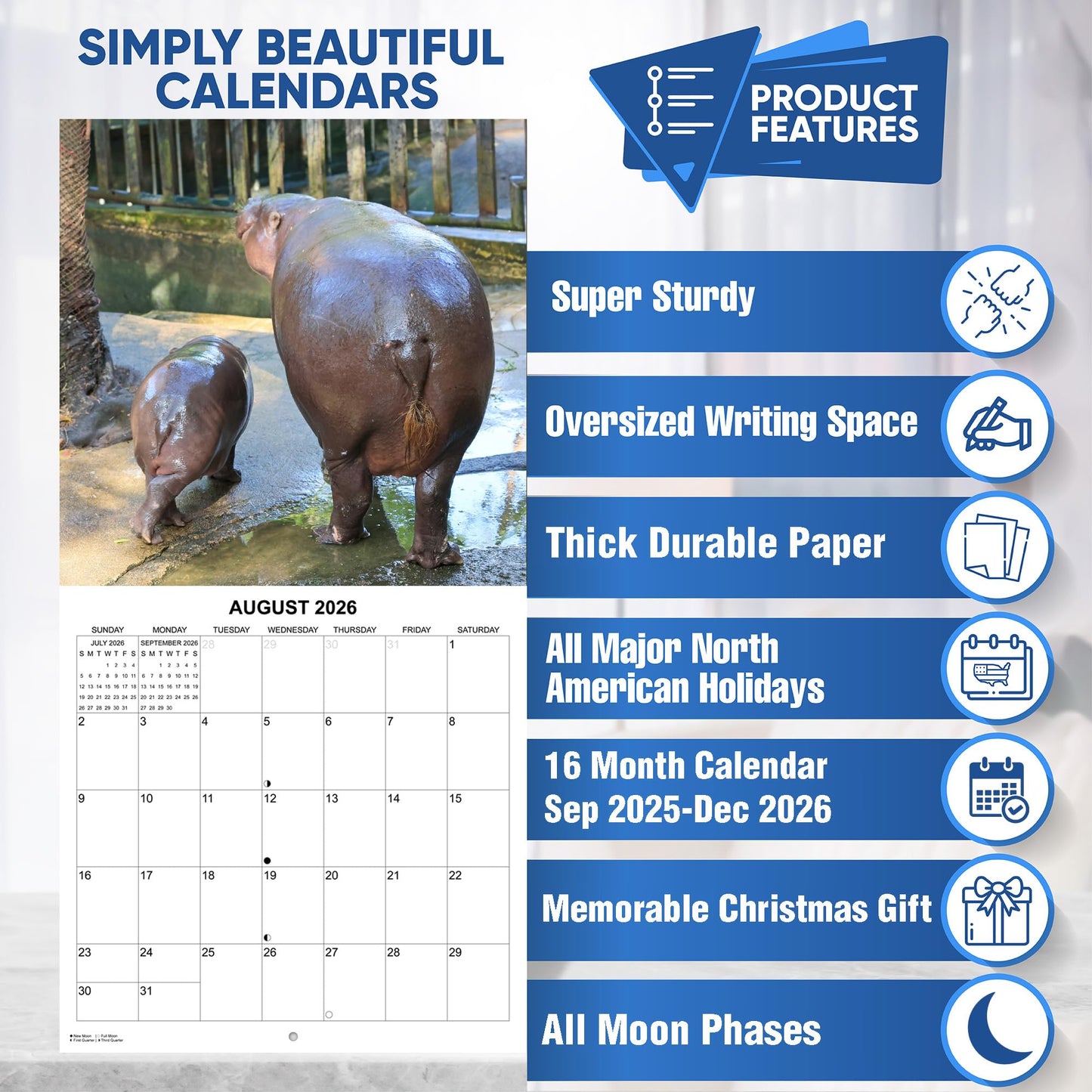 2026 Moo Deng Monthly Wall Calendar | 12" x 24" | Thai Pygmy Hippopotamus Calendar 2025-2026