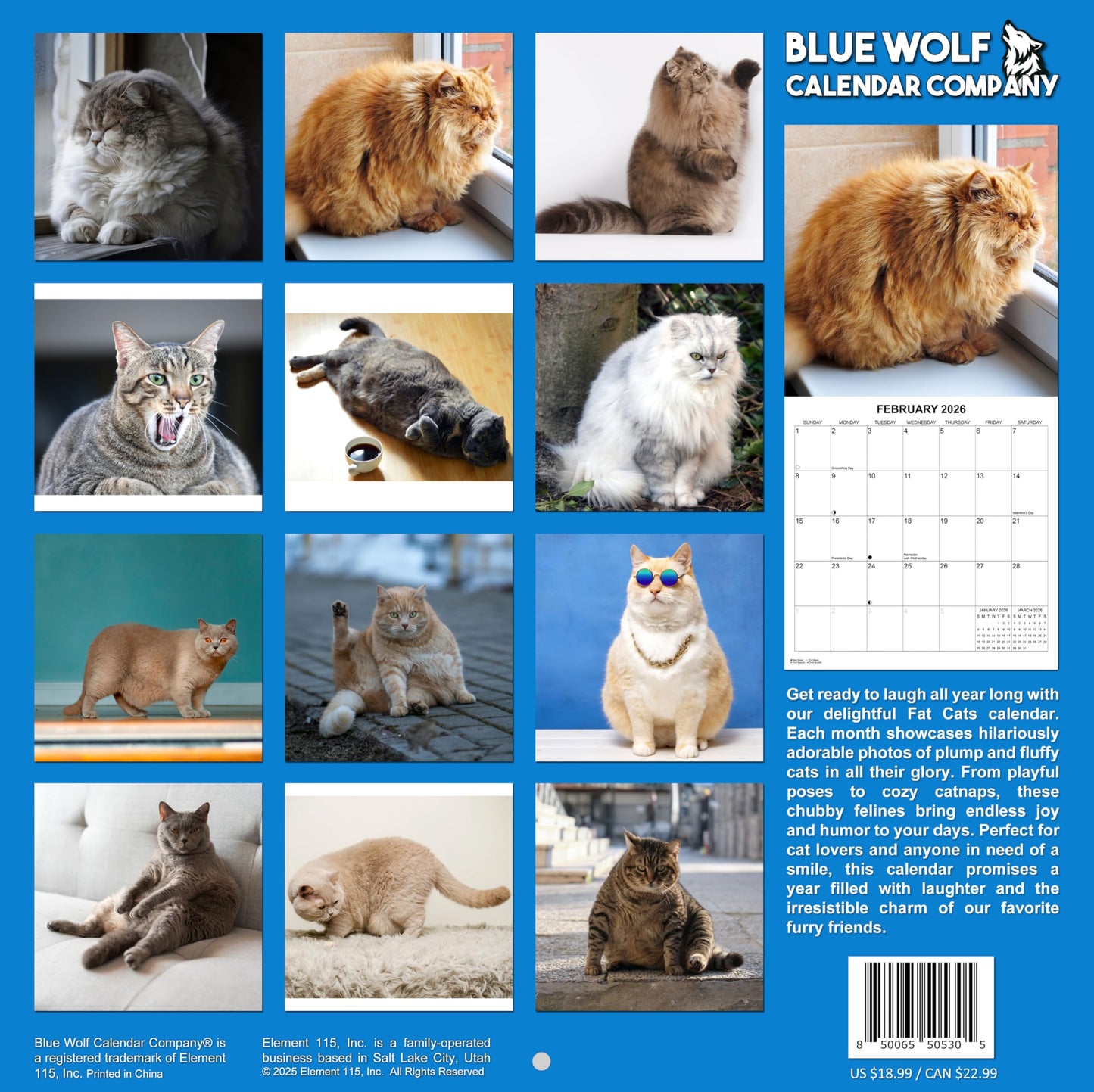 2026 Fat Cats Monthly Wall Calendar | 12" x 24" | Funny Cats Gag Gift or White Elephant Gift Calendar 2025-2026