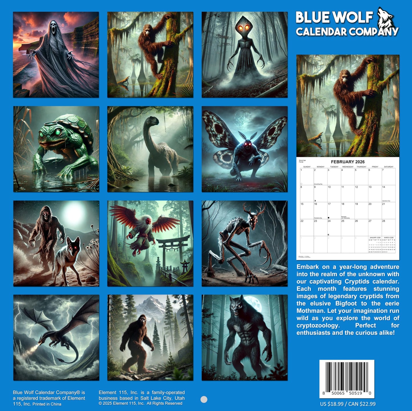 2026 Cryptids Monthly Wall Calendar - Illustrations of Bigfoot, Loch Ness Monster and Other Cryptids | 12" x 24" | Cryptozoology Calendar 2025-2026