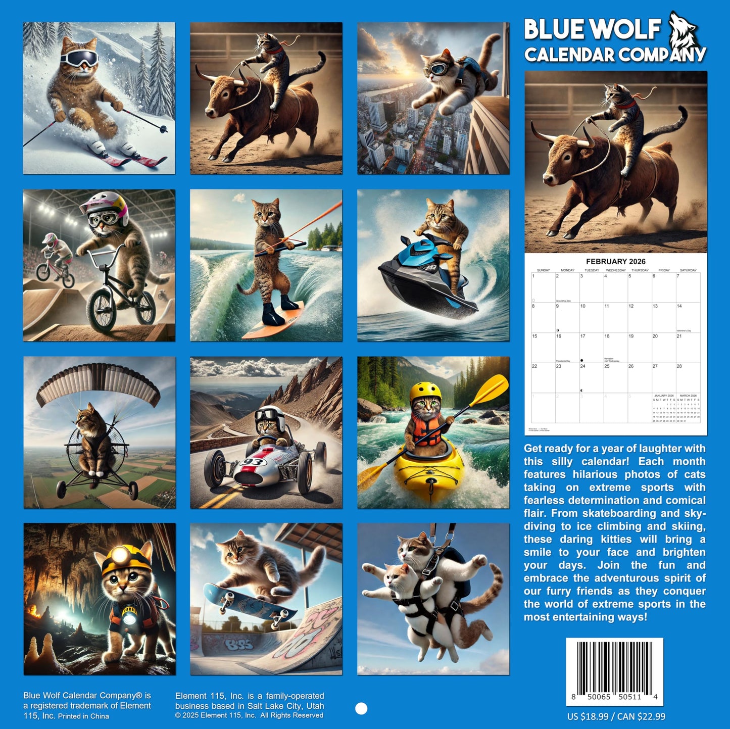2026 Cats: Extreme Sports Edition Monthly Wall Calendar - Funny Cats doing Extreme Sports | 12" x 24" | Funny Cats Calendar 2025-2026