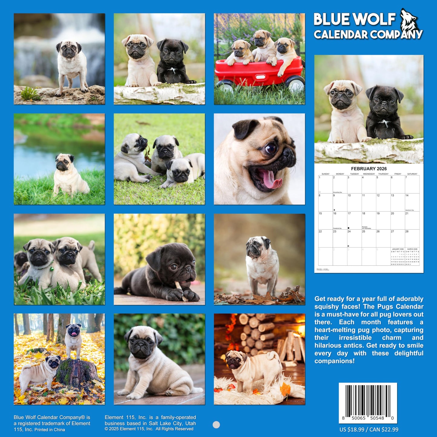 2026 Pugs Monthly Wall Calendar | 12" x 24" | Dog Calendar 2025-2026