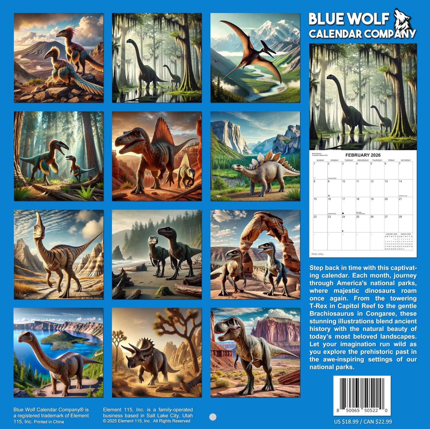 2026 Dinosaurs in National Parks Monthly Wall Calendar | 12" x 24" | Dinosaur Calendar 2025-2026