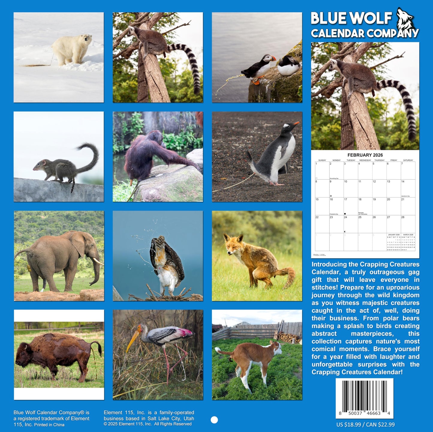 2026 Crapping Creatures Monthly Wall Calendar | 12" x 24" | Prank Gift White Elephant or Gag Gift Calendar 2025-2026