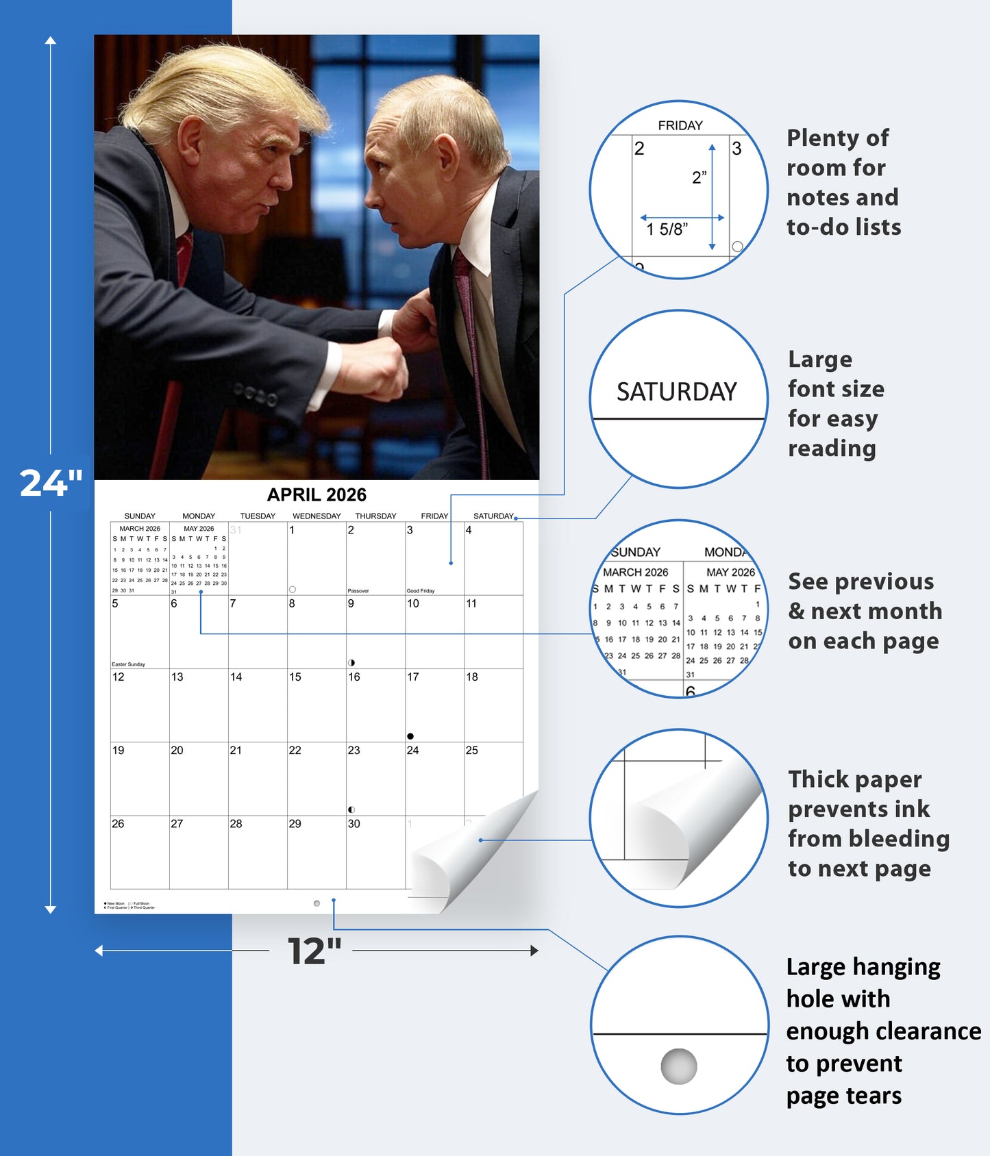 2026 Based Trump Funny Monthly Wall Calendar | 12" x 24" | Prank Gift White Elephant or Gag Gift Calendar 2025-2026