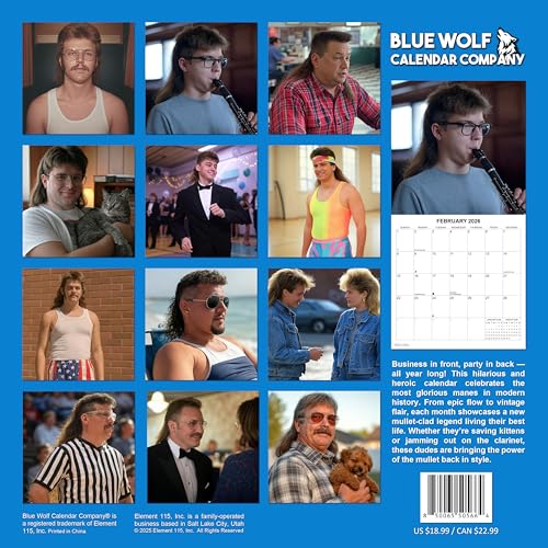 2026 Mullets Monthly Wall Calendar | 12" x 24" | White Elephant or Gag Gift Funny Calendar 2025-2026