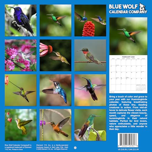 2026 Hummingbirds Monthly Wall Calendar | 12" x 24" | Animals Calendar 2025-2026