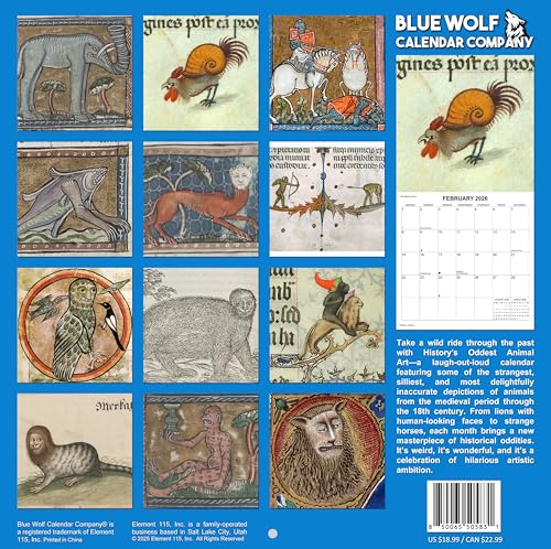 2026 History's Oddest Animal Art Monthly Wall Calendar | 12" x 24" | White Elephant or Gag Gift Funny Calendar 2025-2026