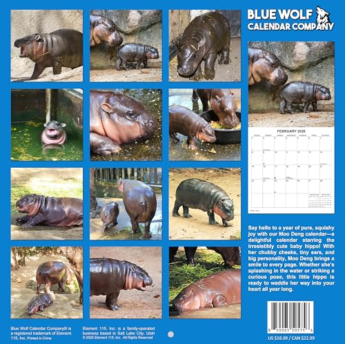 2026 Moo Deng Monthly Wall Calendar | 12" x 24" | Thai Pygmy Hippopotamus Calendar 2025-2026