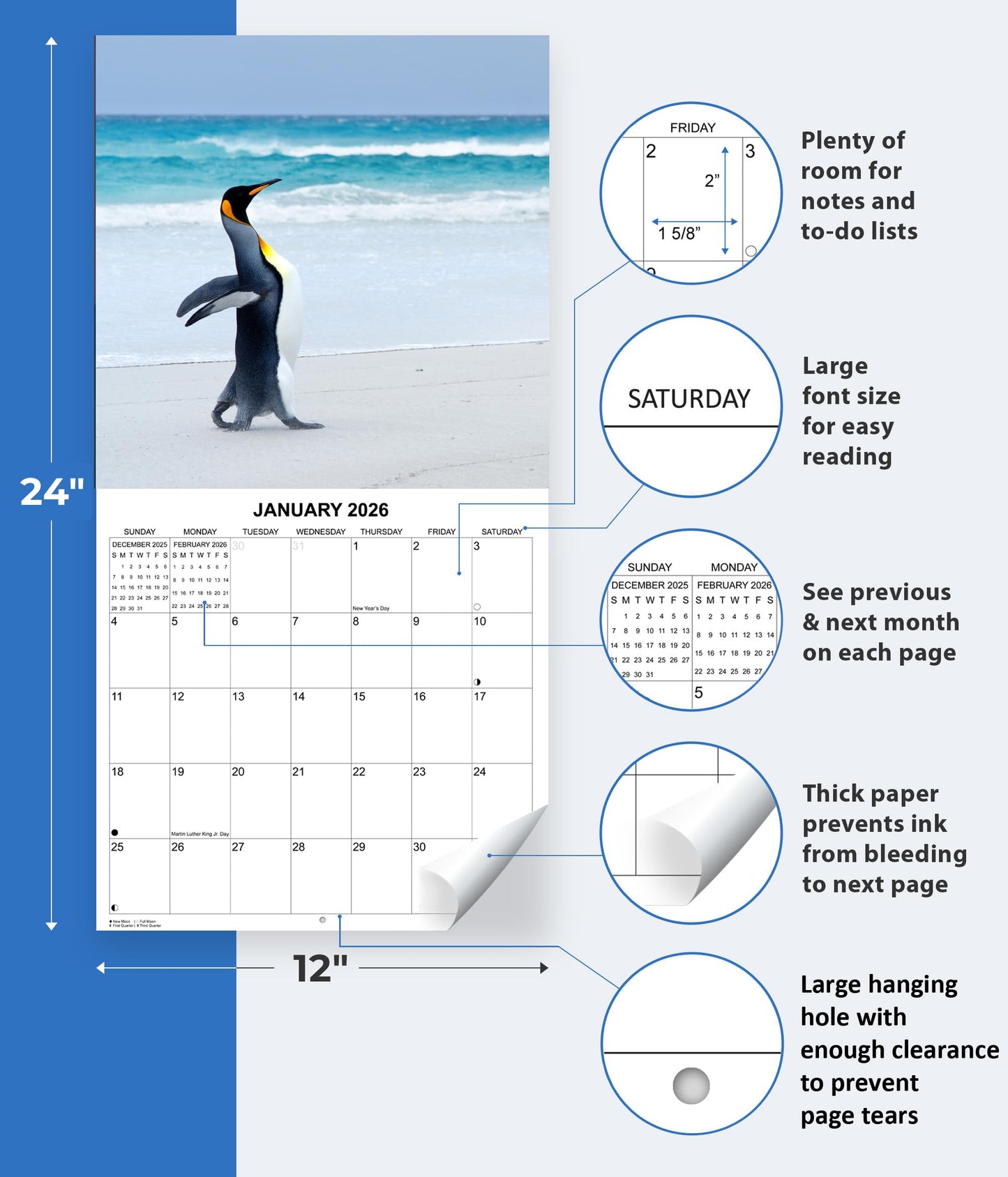 2026 Penguins Monthly Wall Calendar | 12" x 24" | Animals Calendar 2025-2026