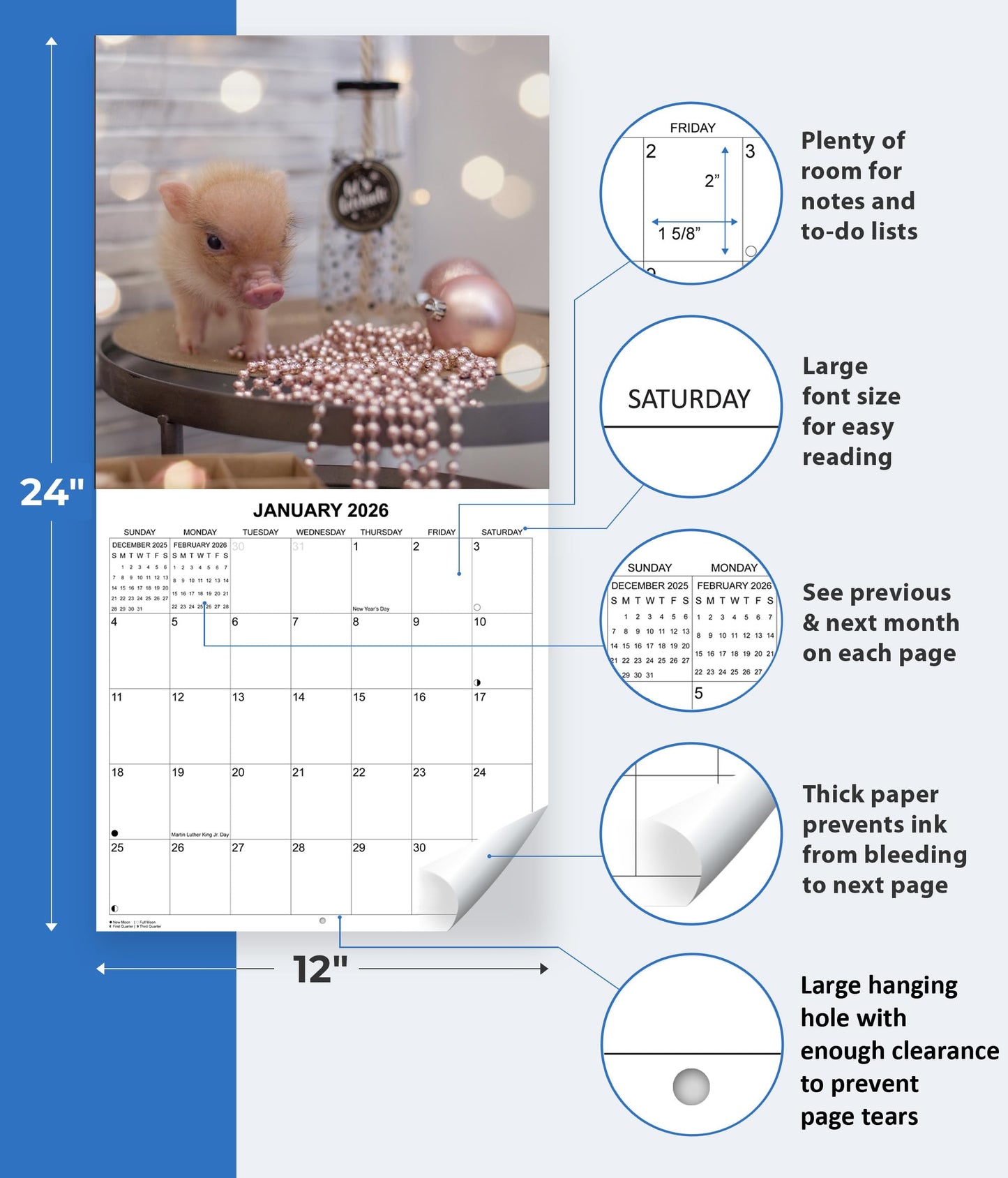 2026 Piglets Monthly Wall Calendar | 12" x 24" | Cute Animals Calendar 2025-2026