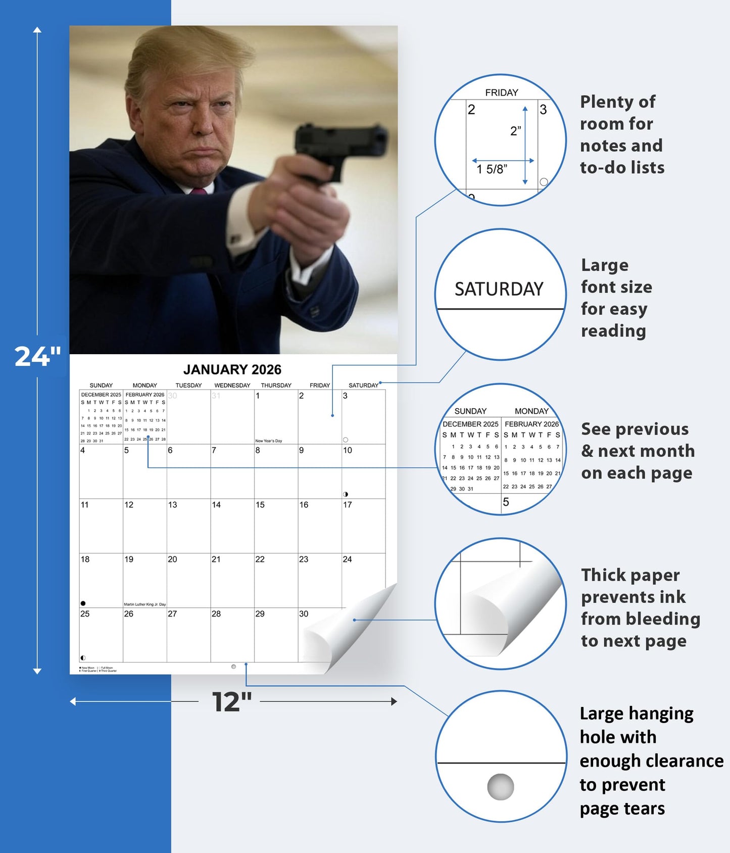 2026 Based Trump Funny Monthly Wall Calendar | 12" x 24" | Prank Gift White Elephant or Gag Gift Calendar 2025-2026