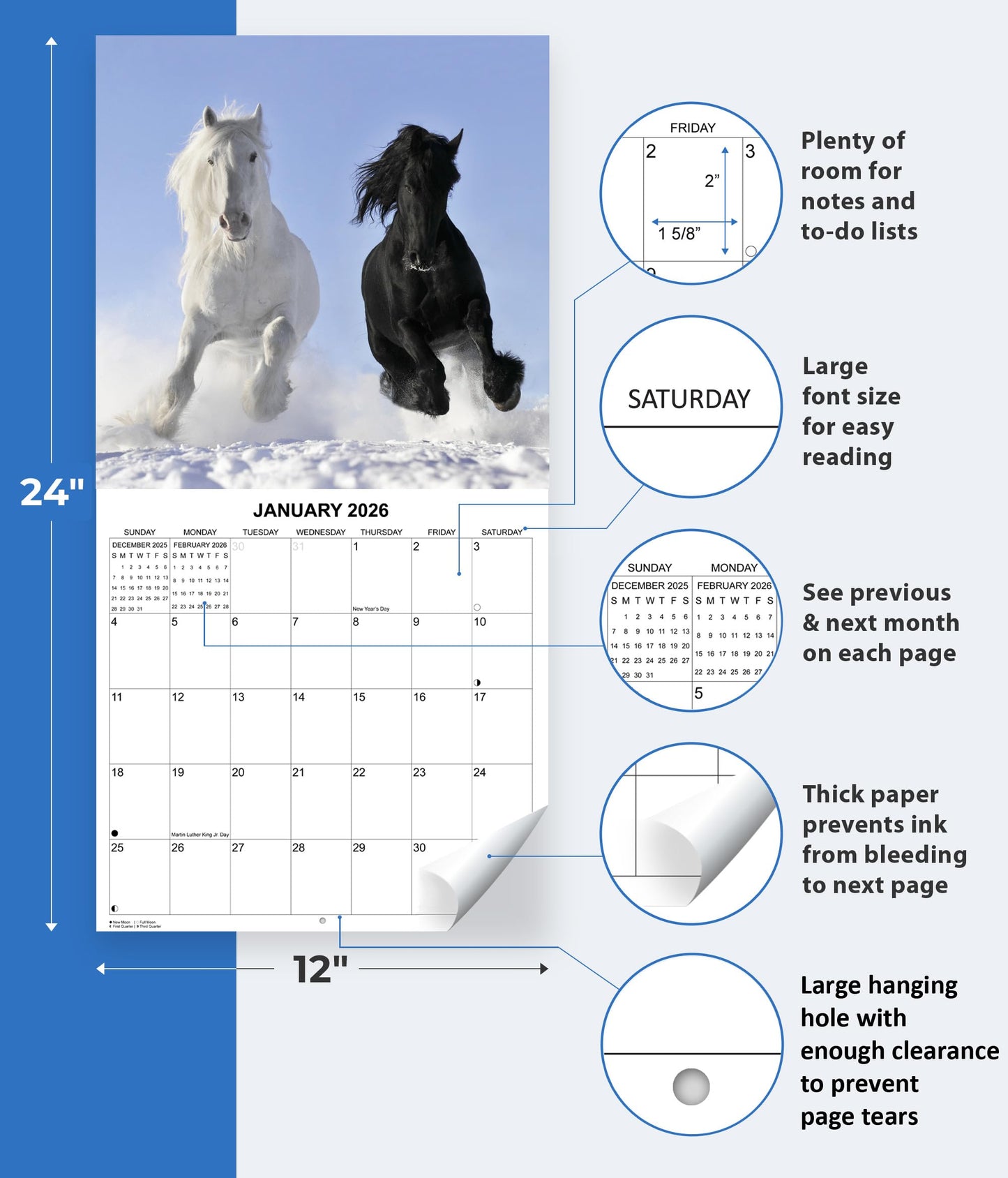 2026 Horses Monthly Wall Calendar | 12" x 24" | Animals Calendar 2025-2026