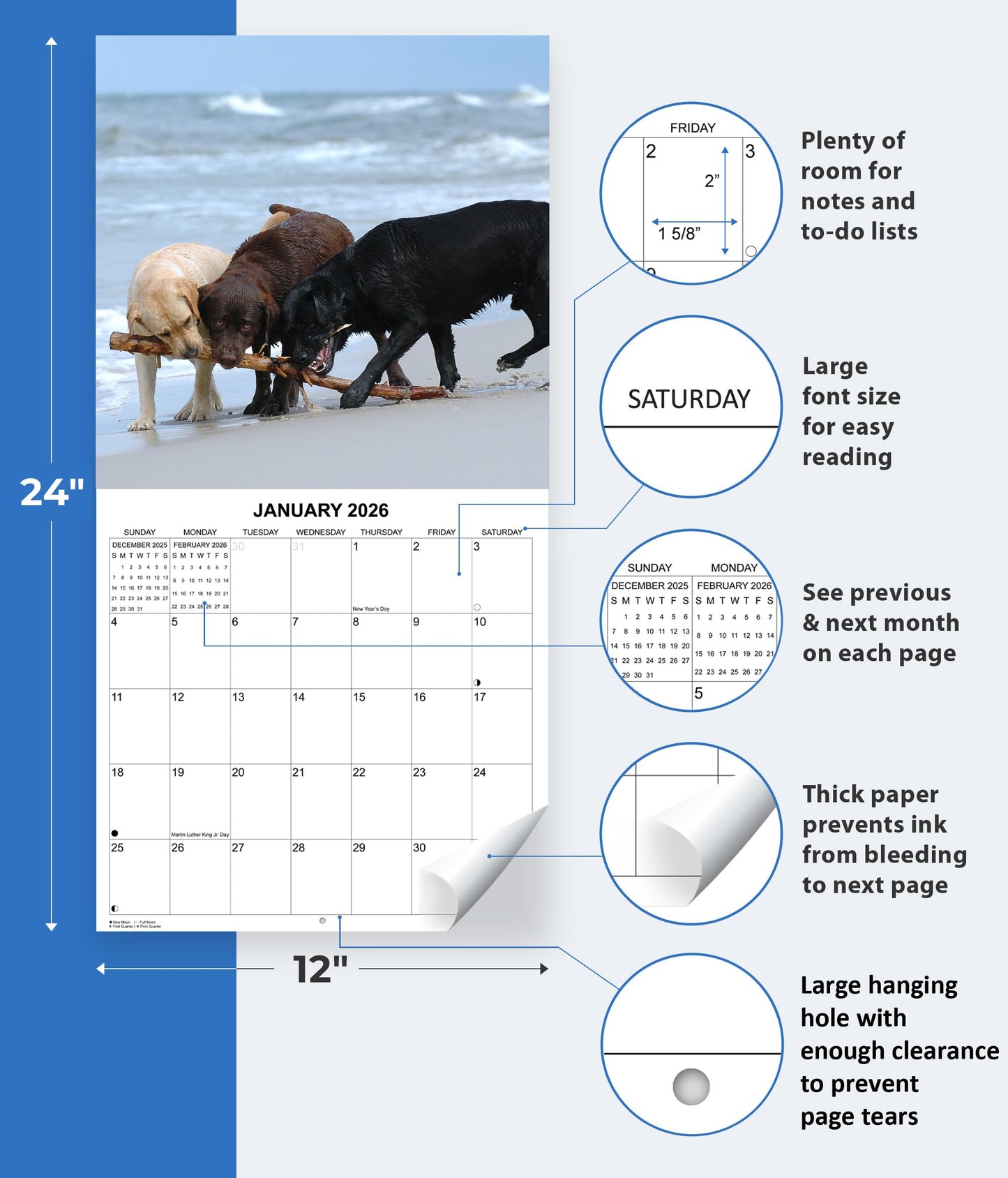 2026 Labs Monthly Wall Calendar | 12" x 24" | Labrador Retriever Dogs Calendar September 2025- December 2026