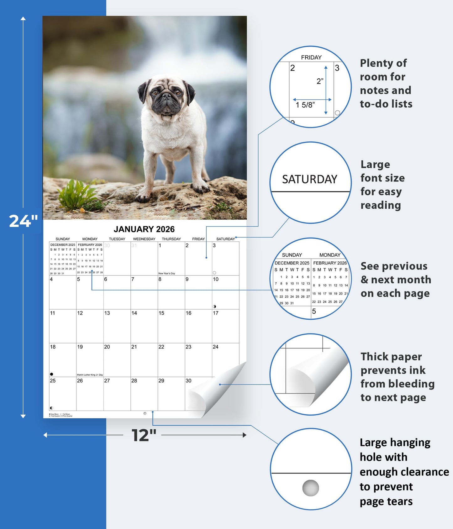 2026 Pugs Monthly Wall Calendar | 12" x 24" | Dog Calendar 2025-2026