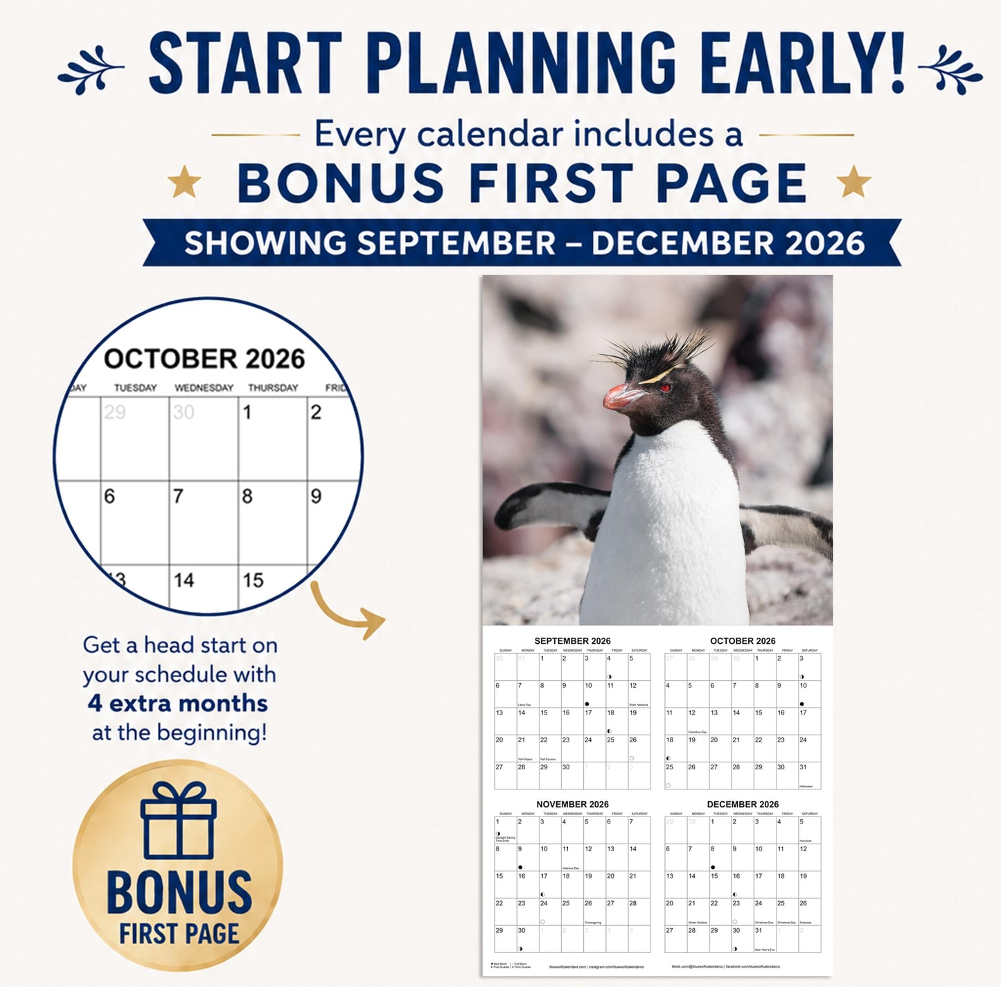 2027 Penguins Monthly Wall Calendar | Cute Animals Calendar 2026-2027