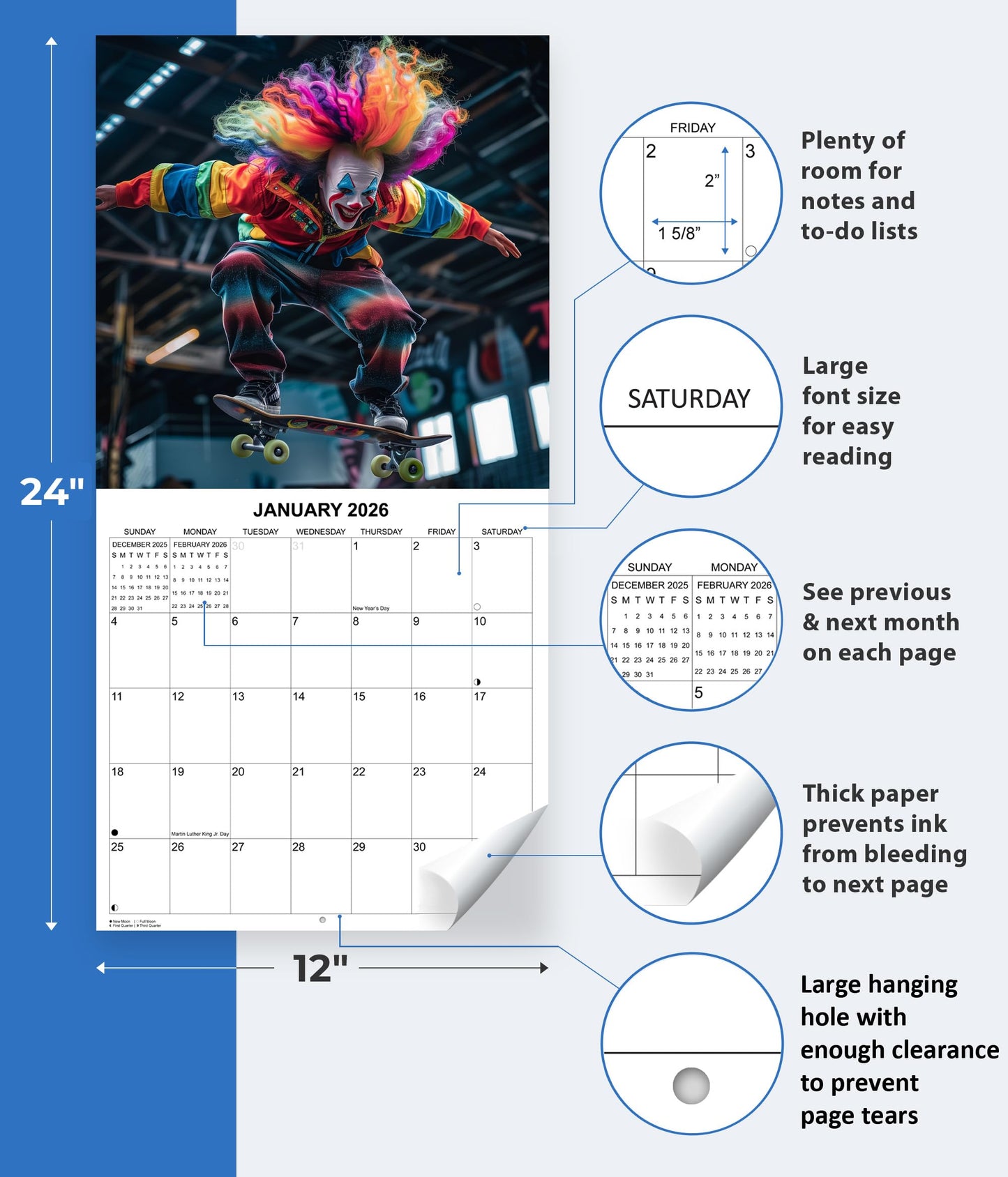 2026 Clowns in the Wild Monthly Wall Calendar | 12" x 24" | White Elephant Gag Gift Funny Creepy Clowns Calendar 2025-2026