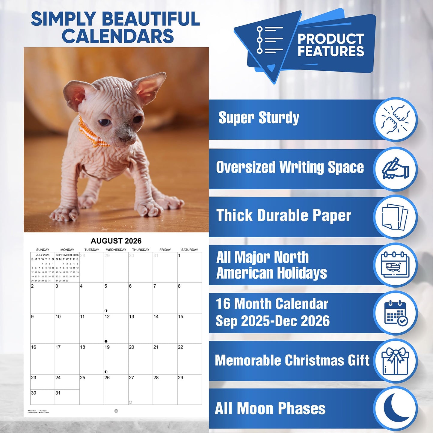 2026 Hairless Cats Monthly Wall Calendar | 12" x 24" | Thick Sturdy Paper | Sphynx Cats Calendar 2025-2026