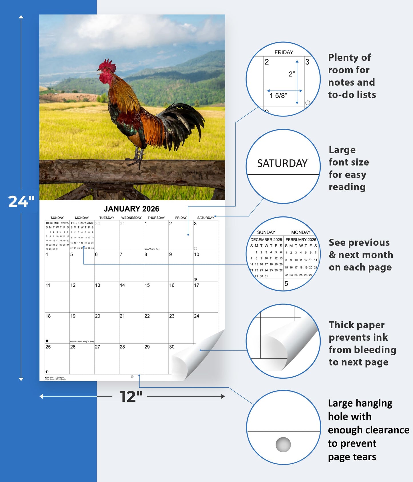 2026 Cocks Calendar - Roosters 2026 | 12" x 24" | Thick Sturdy Paper | White Elephant Gift or Gag Gift