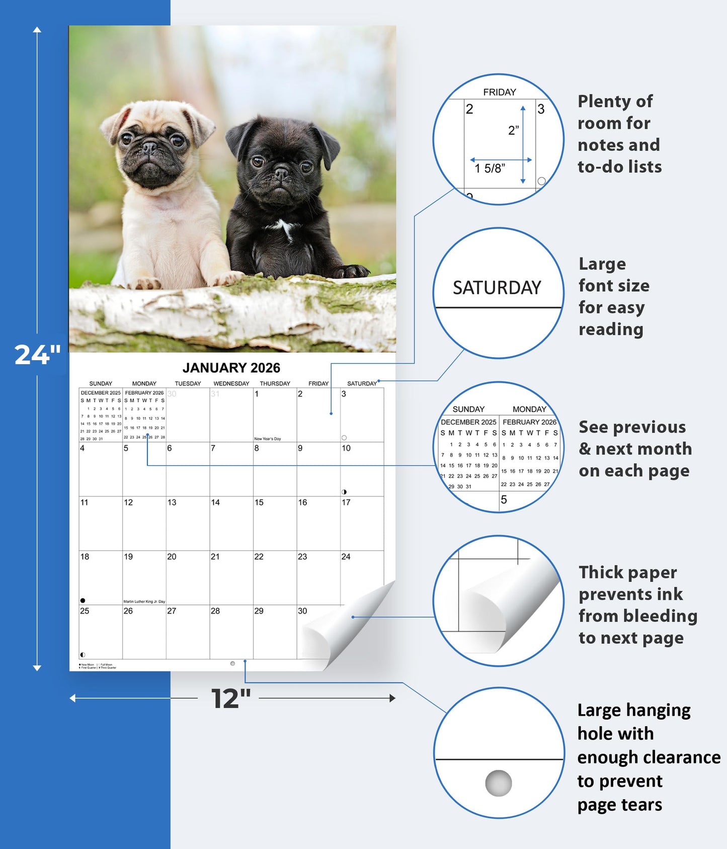 2026 Puppies Monthly Wall Calendar | 12" x 24" | Puppy Dog Calendar September 2025- December 2026