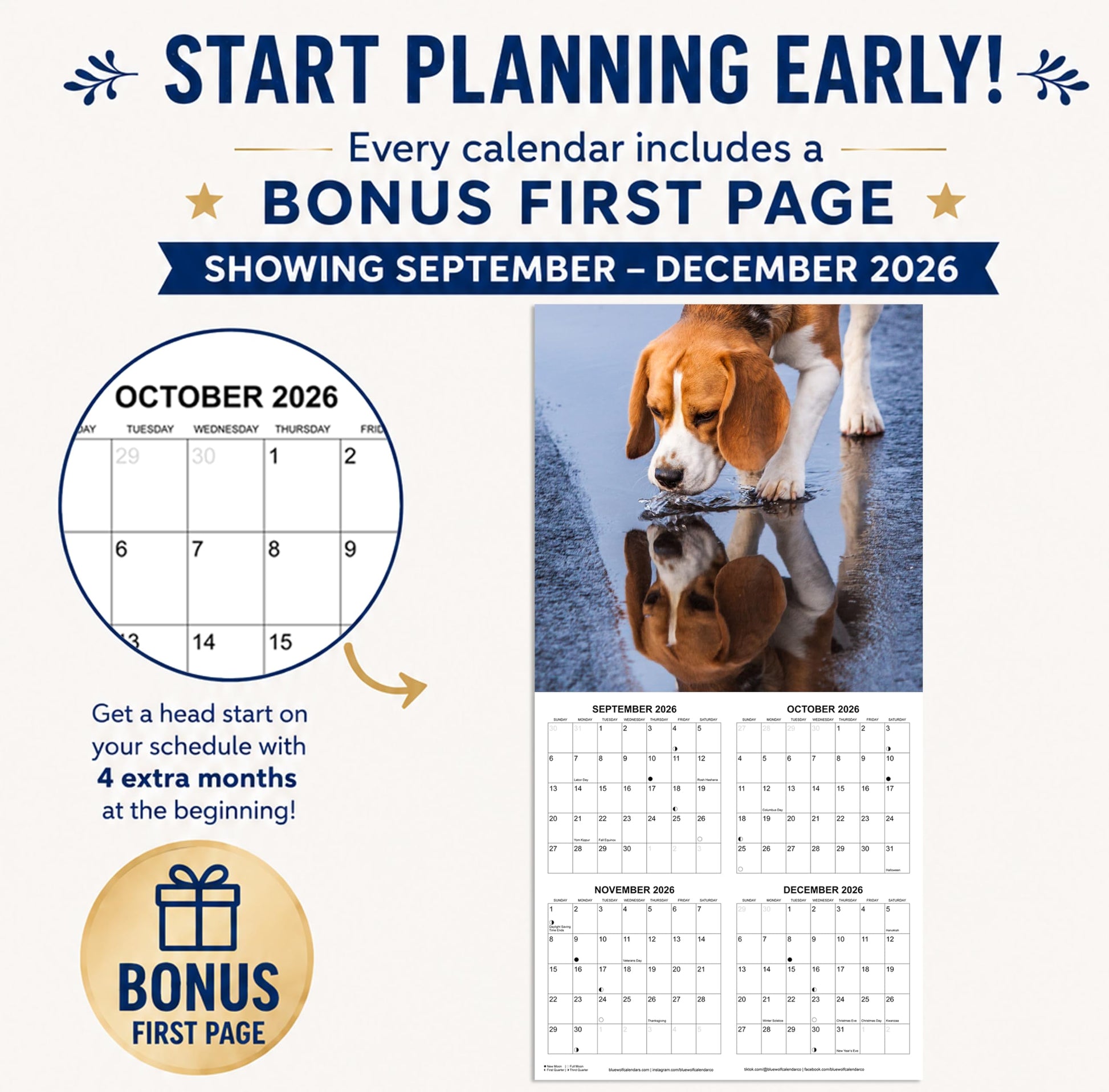 2027 Beagles Monthly Wall Calendar | Cute Dog Calendar September 2026 - December 2027