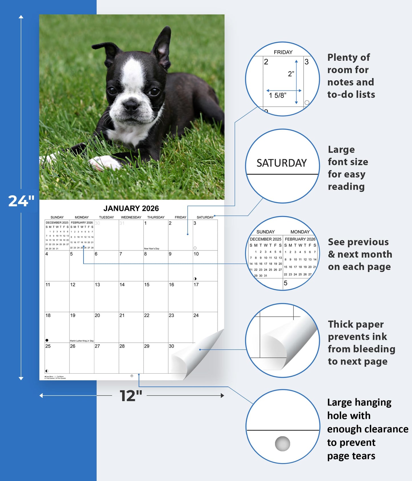 2026 Boston Terriers Monthly Wall Calendar | 12" x 24" | Dogs Calendar September 2025- December 2026