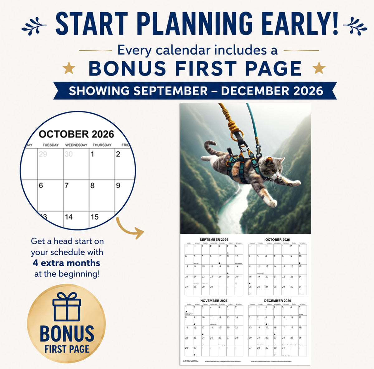 2027 Extreme Sports Cats Monthly Wall Calendar - Funny Gag Gift | Funny Cats Gift Calendar 2026-2027