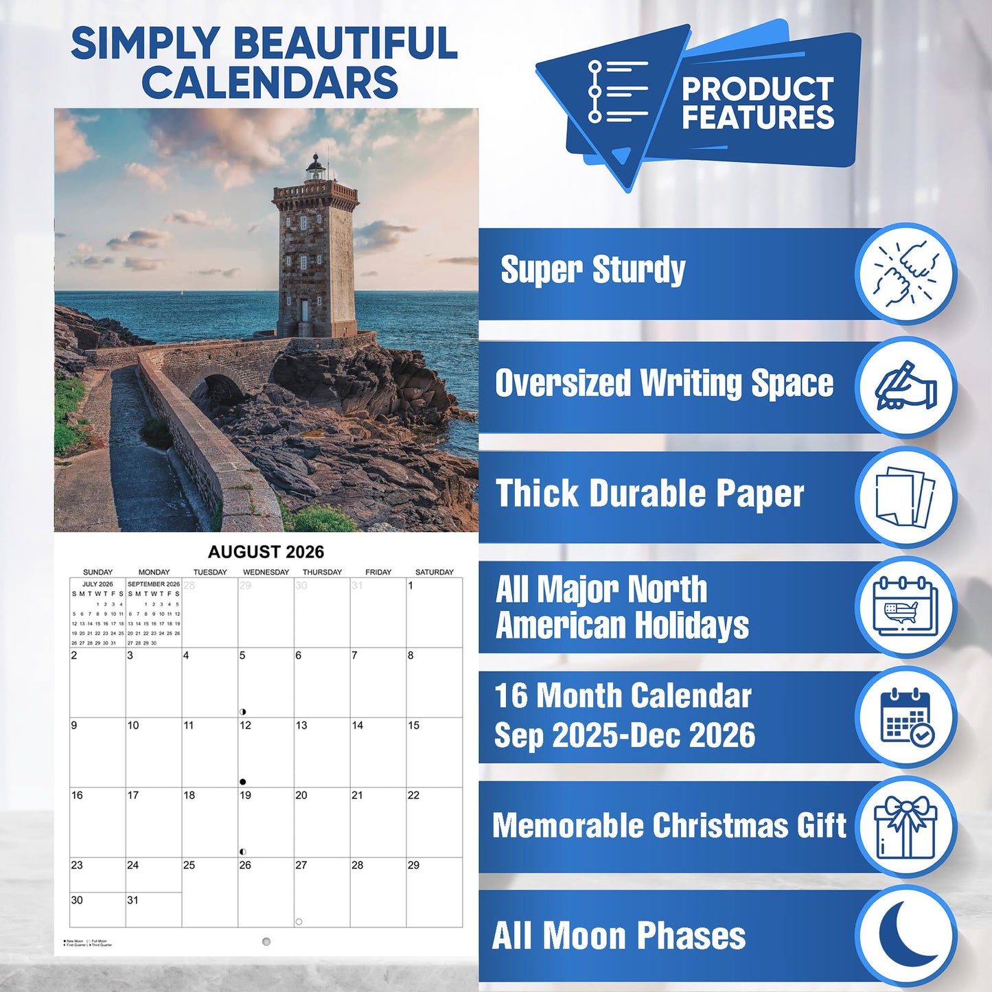 2026 Lighthouses Monthly Wall Calendar | 12" x 24" | Travel Calendar 2025-2026