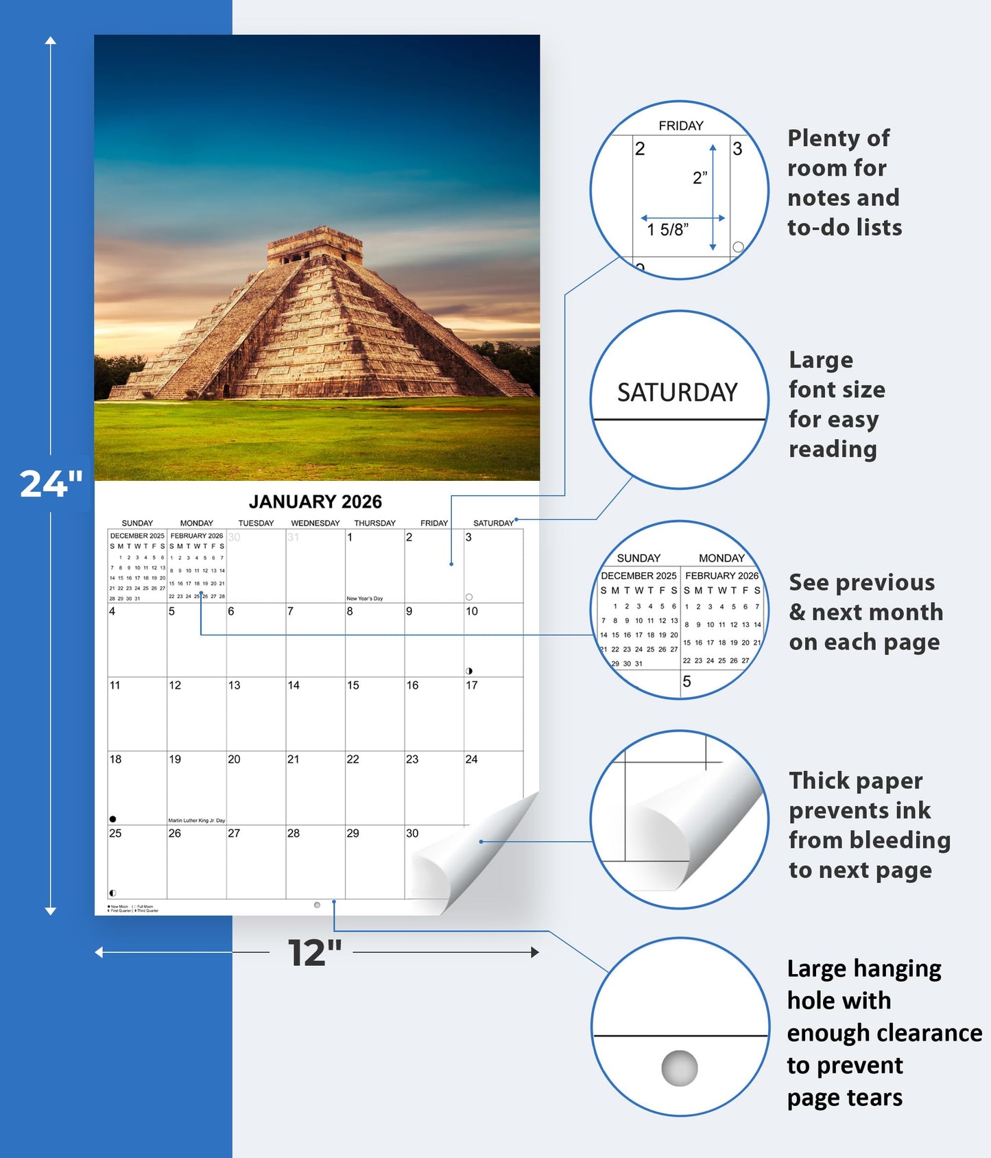 2026 Wonders of the World Monthly Wall Calendar | 12" x 24" | Travel Calendar 2025-2026