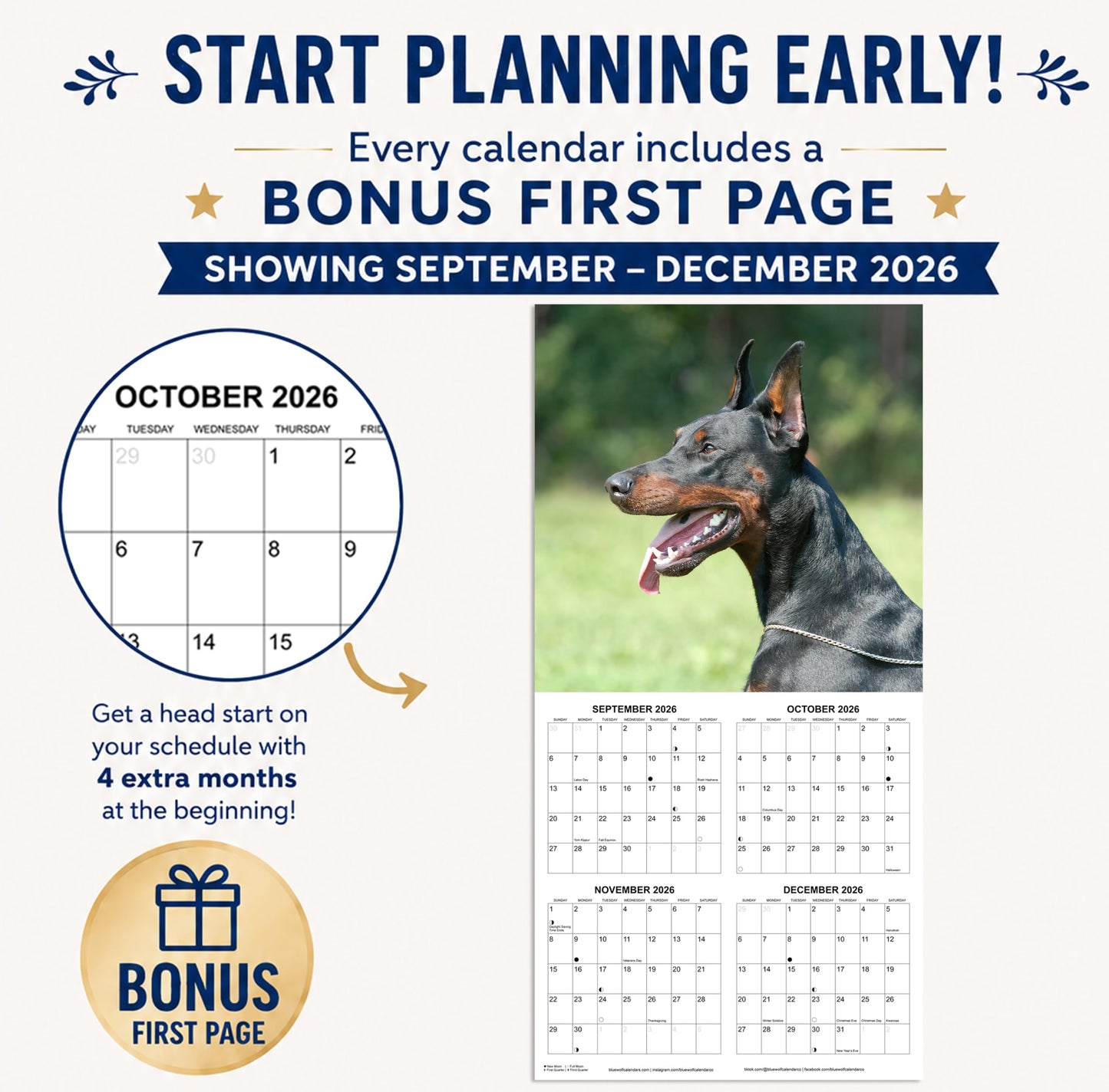 2027 Doberman Pinschers Monthly Wall Calendar | Dog Calendar September 2026 - December 2027