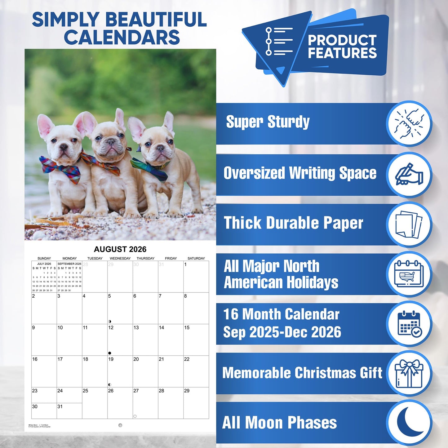 2026 French Bulldogs Monthly Hangable Wall Calendar | 12" x 24" | September 2025 - December 2026 Dog Calendar