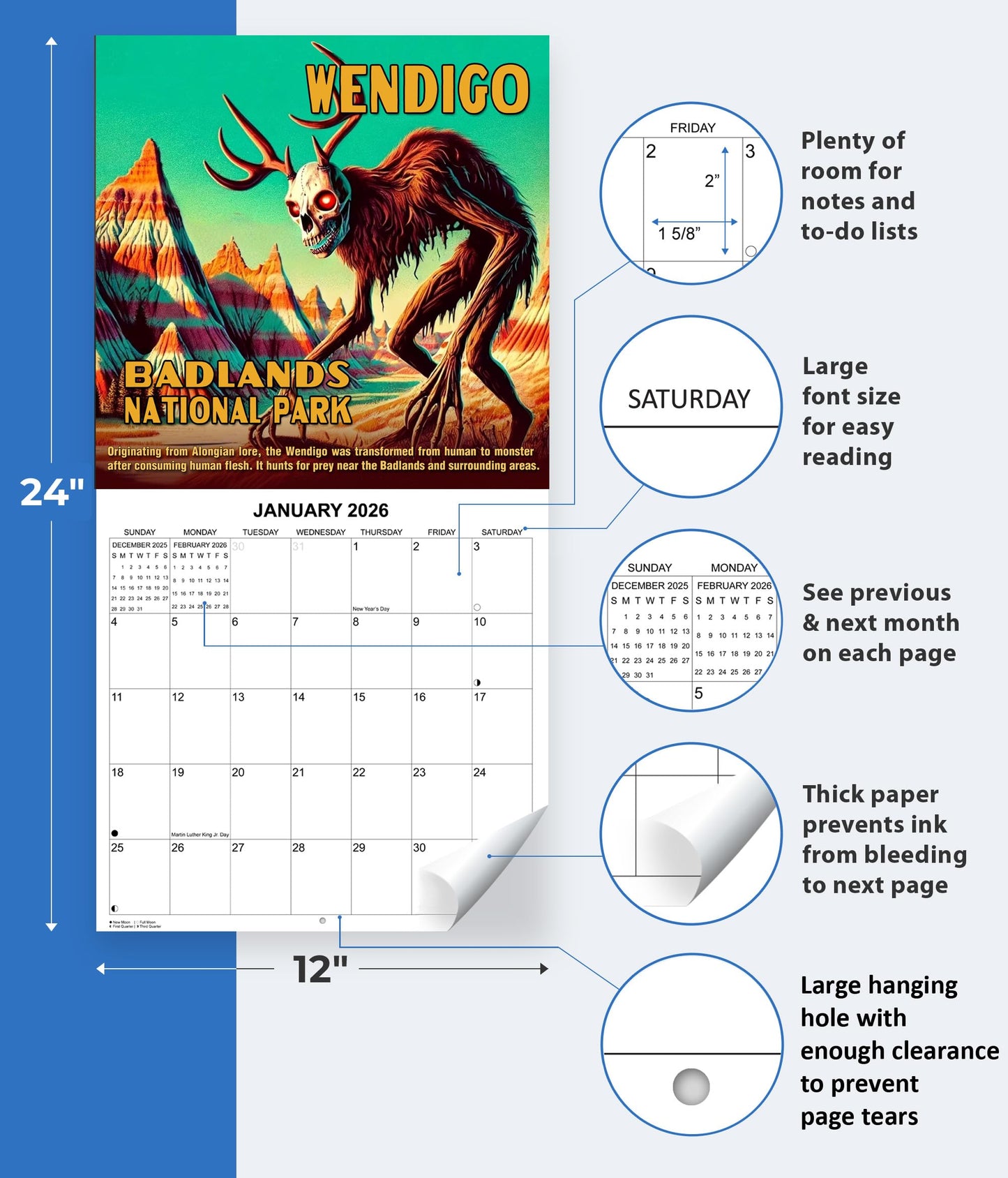 2026 National Park Lore Monthly Wall Calendar | 12" x 24" | Monsters & Cryptids in National Parks Calendar 2025-2026