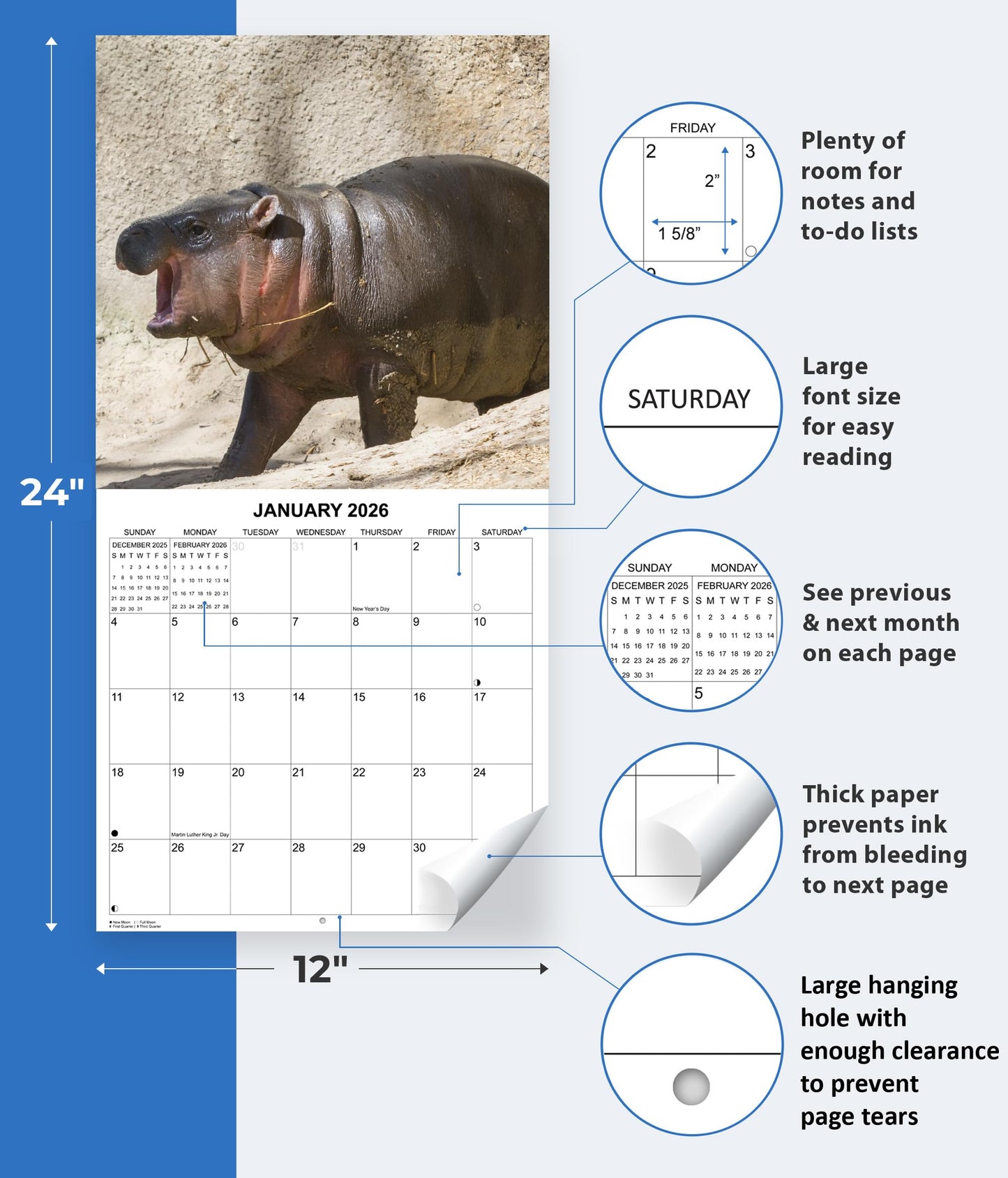 2026 Moo Deng Monthly Wall Calendar | 12" x 24" | Thai Pygmy Hippopotamus Calendar 2025-2026