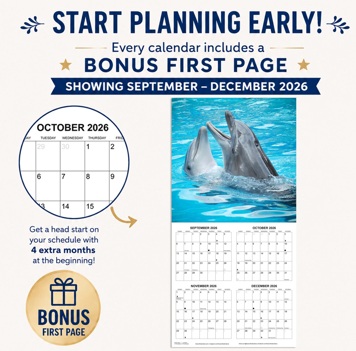 2027 Dolphins Monthly Wall Calendar | Animals Calendar 2026-2027