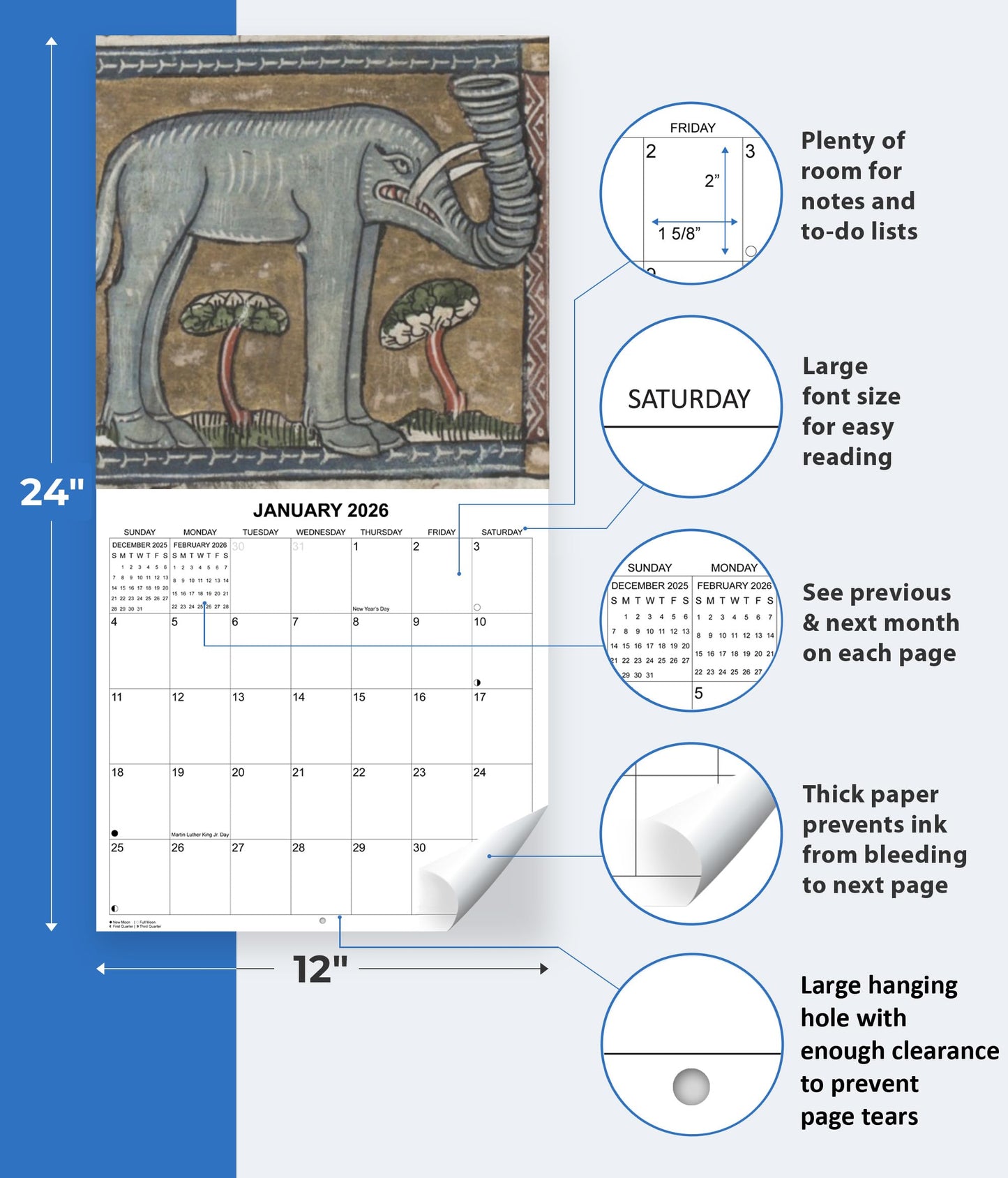 2026 History's Oddest Animal Art Monthly Wall Calendar | 12" x 24" | White Elephant or Gag Gift Funny Calendar 2025-2026